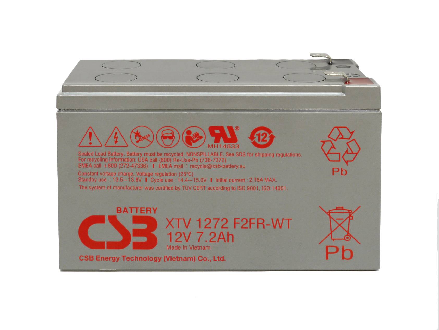 Grauer rechteckiger CSB-Bleiakku mit Verschluss, gekennzeichnet mit 'XTV 1272 F2FR-WT 12V 7.2Ah' mit roten Warn- und Recycling-Symbolen.