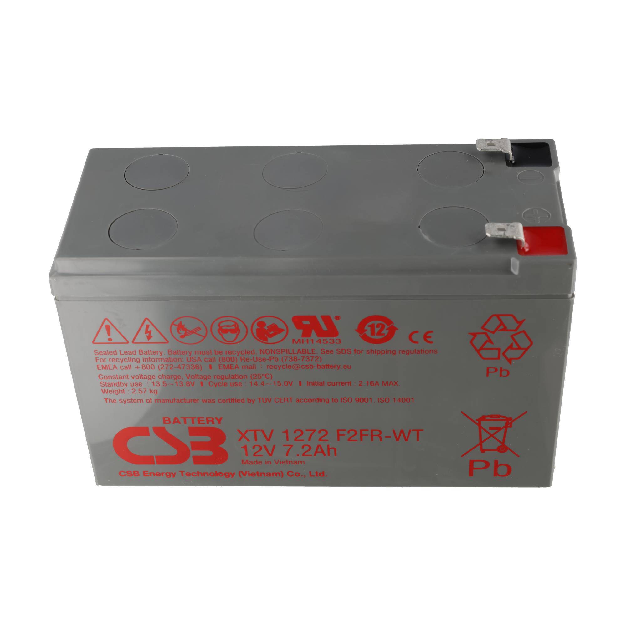 Graue 12V 7,2Ah CSB wiederaufladbare Batterie mit roten und schwarzen Anschlüssen und Sicherheitssymbolen auf der Seite.