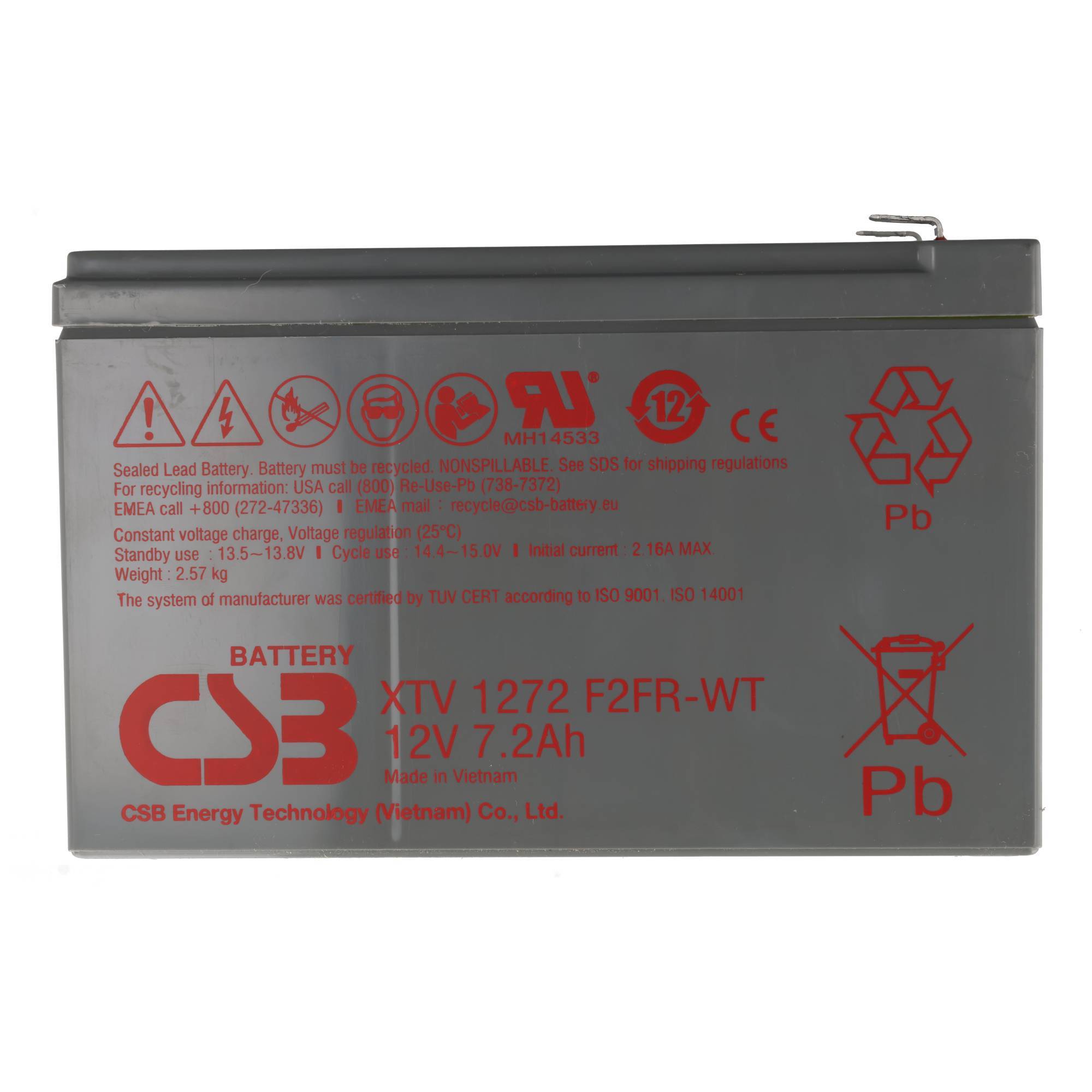 Graue versiegelte Blei-Säure-Batterie CSB mit der Bezeichnung „12V 7,2Ah" mit roten Warnsymbolen und Recycling-Symbolen.