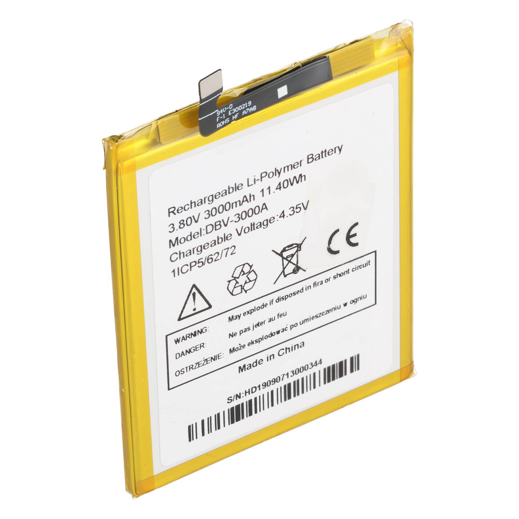 Wiederaufladbarer Li-Polymer-Akku mit gelbem Etikett und Beschriftung mit 3,80V, 3000mAh, 11,40Wh.