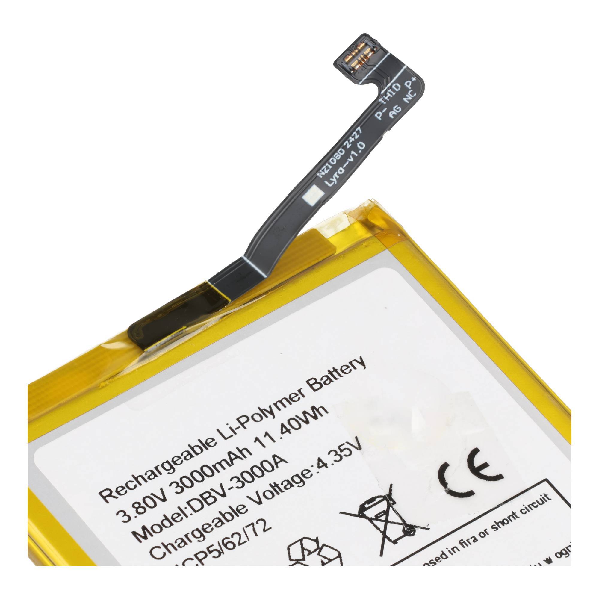 Nahaufnahme einer aufladbaren Lithium-Polymer-Batterie mit schwarzem Steckerband und aufgedruckten Spannungs- und Modellspezifikationen.