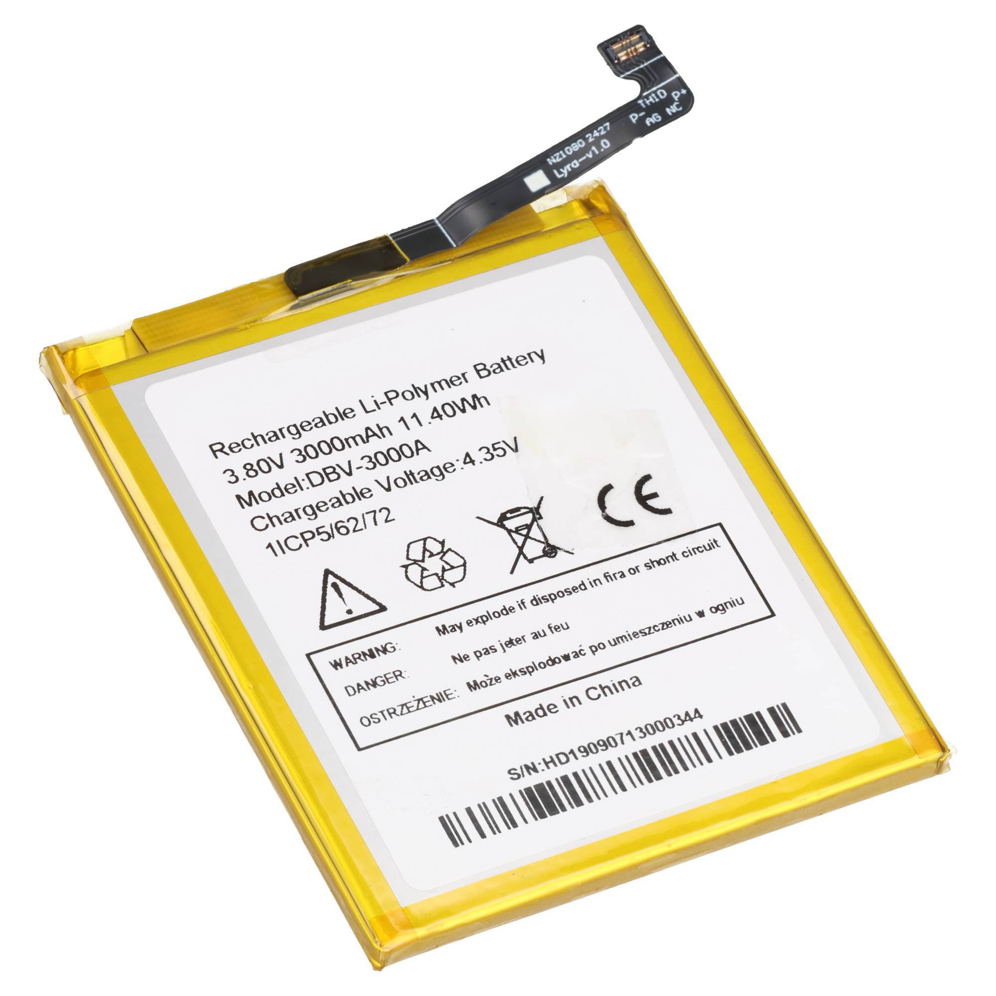 Wiederaufladbare Lithium-Polymer-Batterie mit gelben Kanten und schwarzem Verbinderstift, gekennzeichnet mit 3,8V 3000mAh 11,40Wh.
