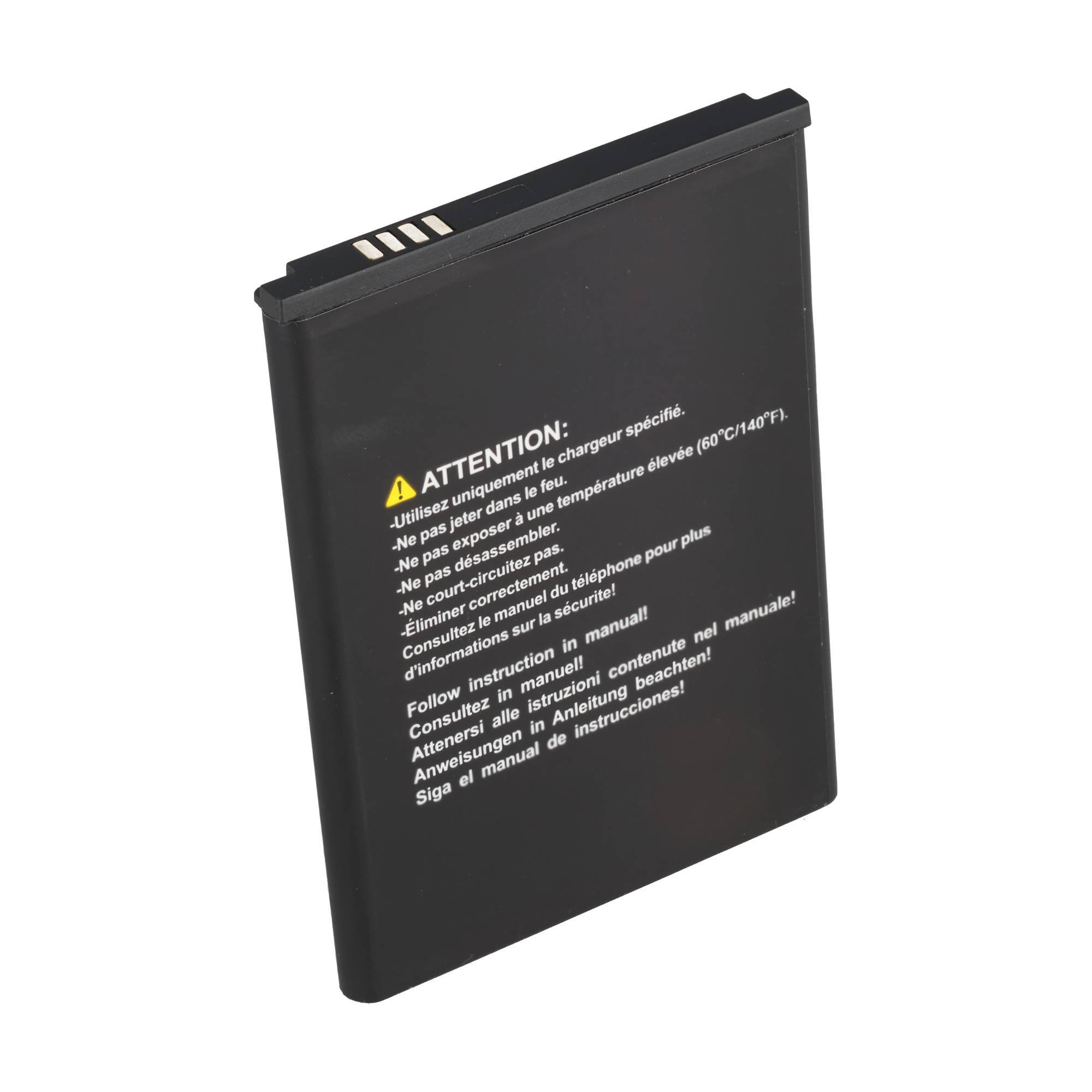 Schwarze wiederaufladbare Handyakku mit Warnschild und goldenen Kontaktterminals an der Oberseite.