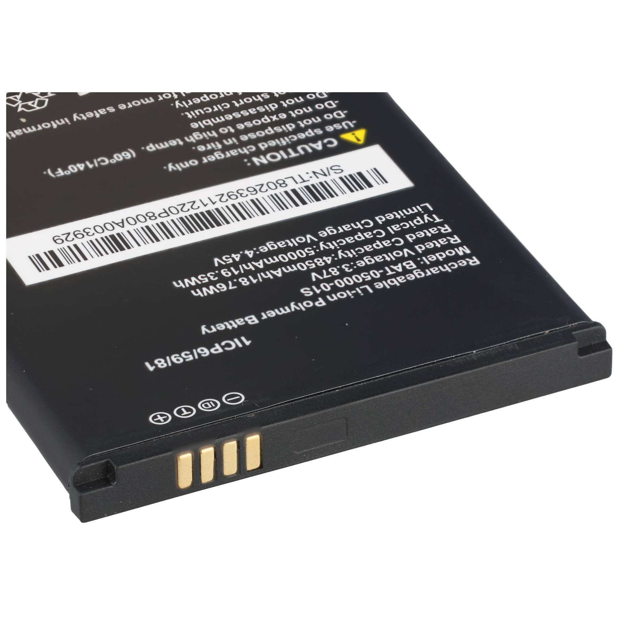Schwarze wiederaufladbare Lithium-Ionen-Batterie mit Barcode-Etikett und vergoldeten Kontaktstiften.