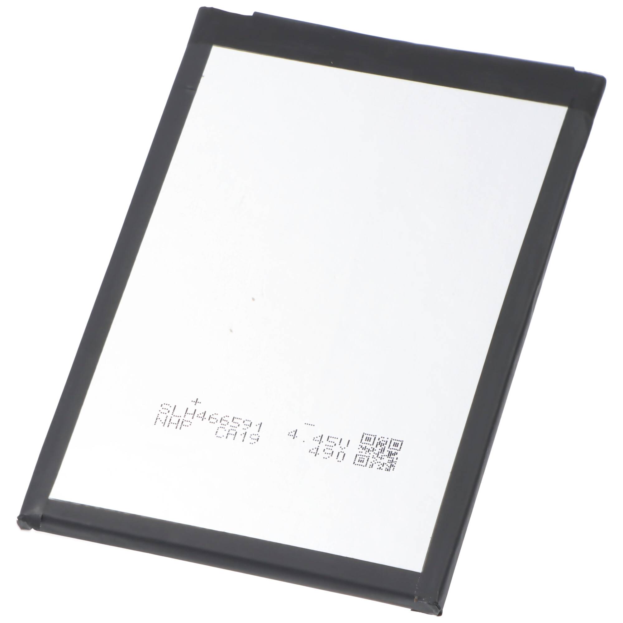 Rechteckiges Lithium-Ionen-Akkupack mit schwarzem Gehäuse und weißem Etikett, dargestellt vor einem einfachen Hintergrund.