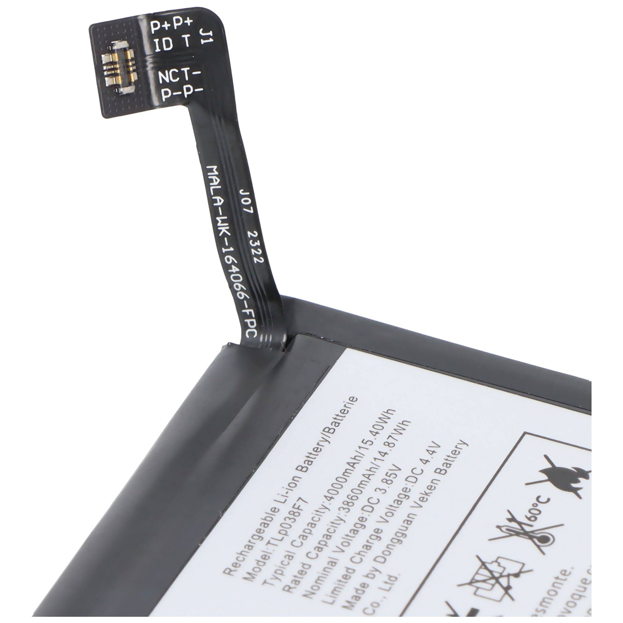 Flexible Batterie mit angebrachtem Sensoranschlussreiter, wahrscheinlich ein wiederaufladbares Lithium-Ionen-Batteriepack mit gedruckten Sicherheits- und Kapazitätsinformationen.