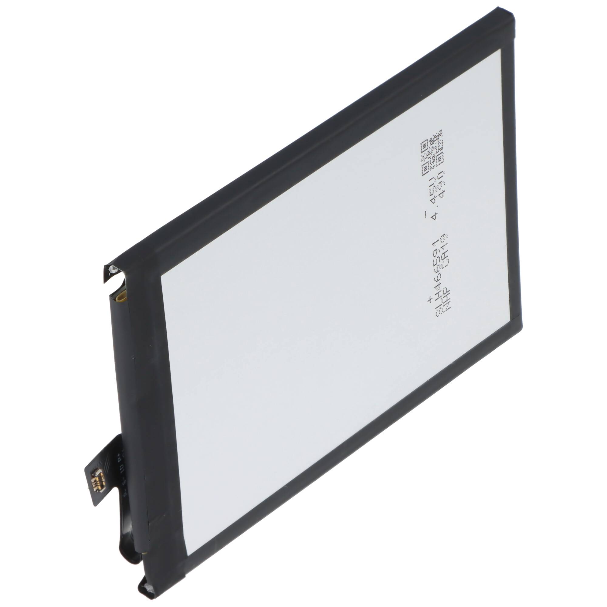 Rechteckiges elektronisches Batteriepack mit schwarzem Rahmen und silberner Vorderseite, in einer Drei-Viertel-Ansicht auf weißem Hintergrund dargestellt.