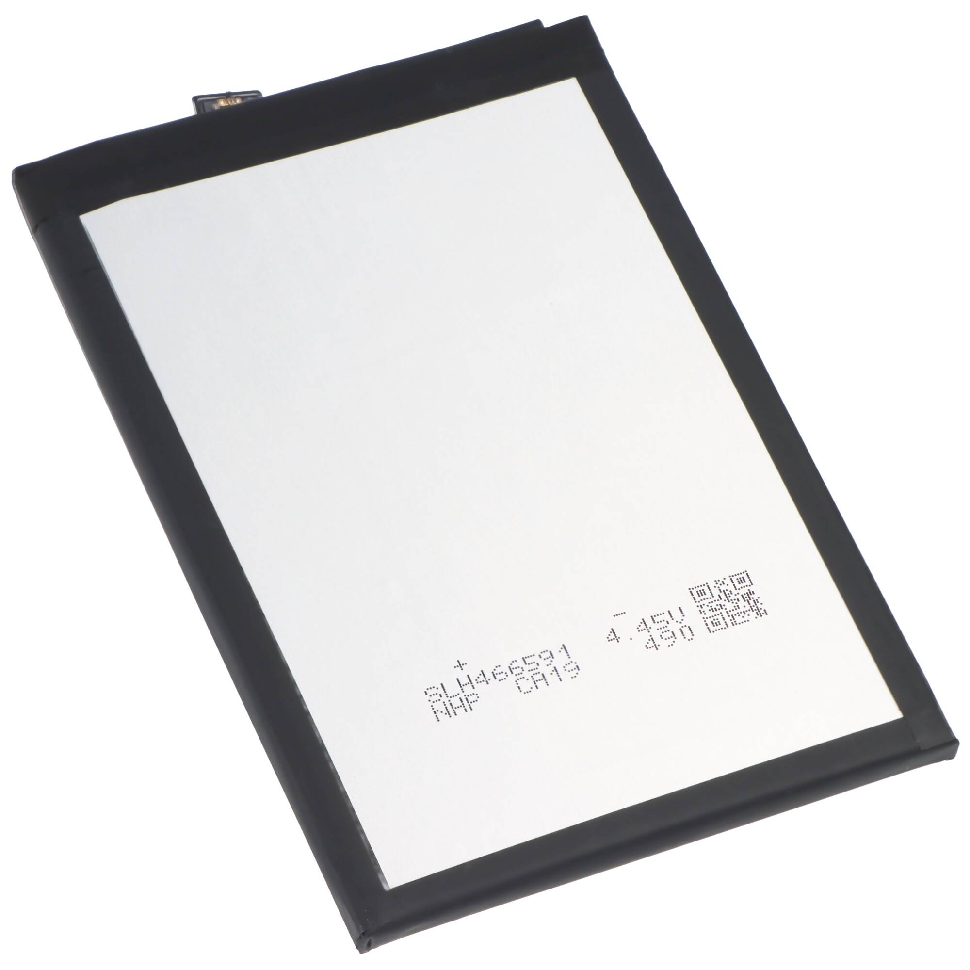 Schwarzrahmen-Smartphone-Lithium-Ionen-Akku-Pack auf weißem Hintergrund gezeigt, mit kleinem gedrucktem Modelltext in der Nähe des unteren Endes.