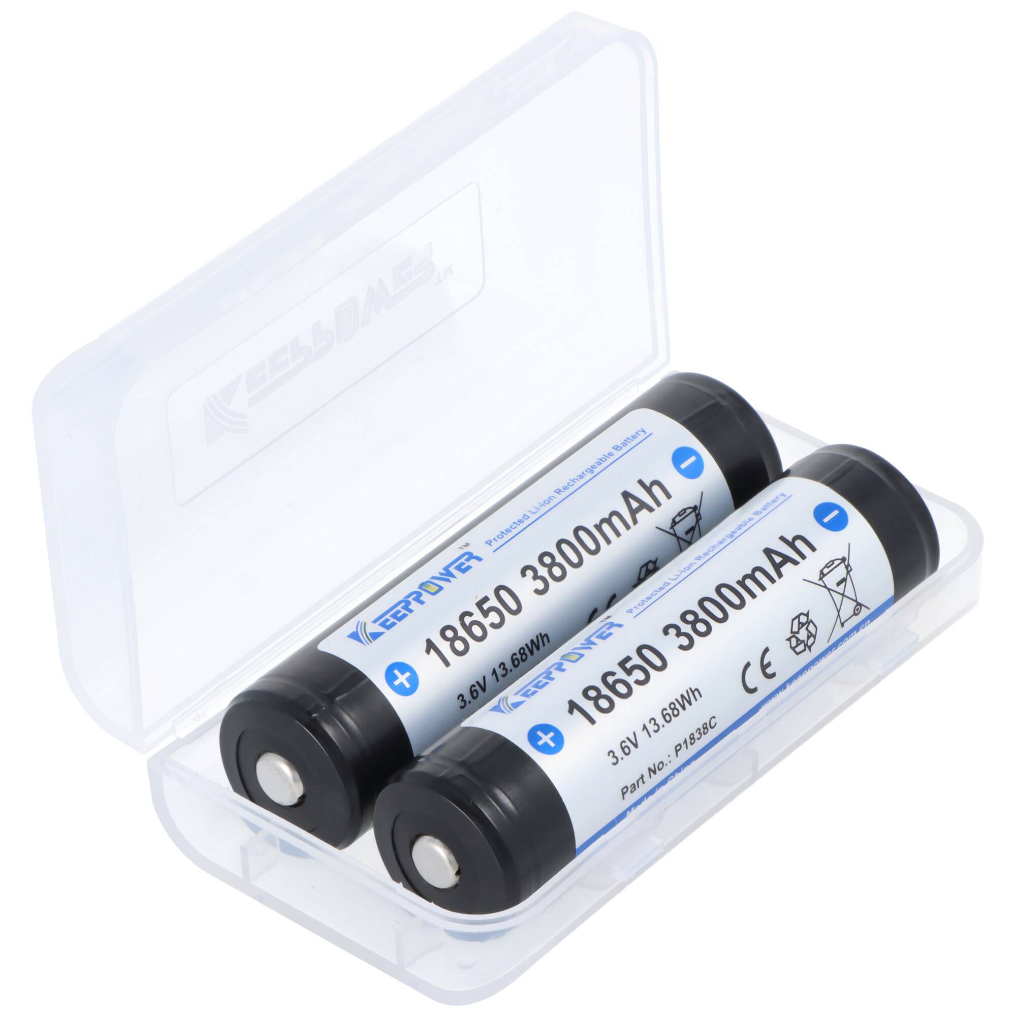 Zwei 18650 3800mAh wiederaufladbare Batterien in einer durchsichtigen Kunststoff-Aufbewahrungsbox.