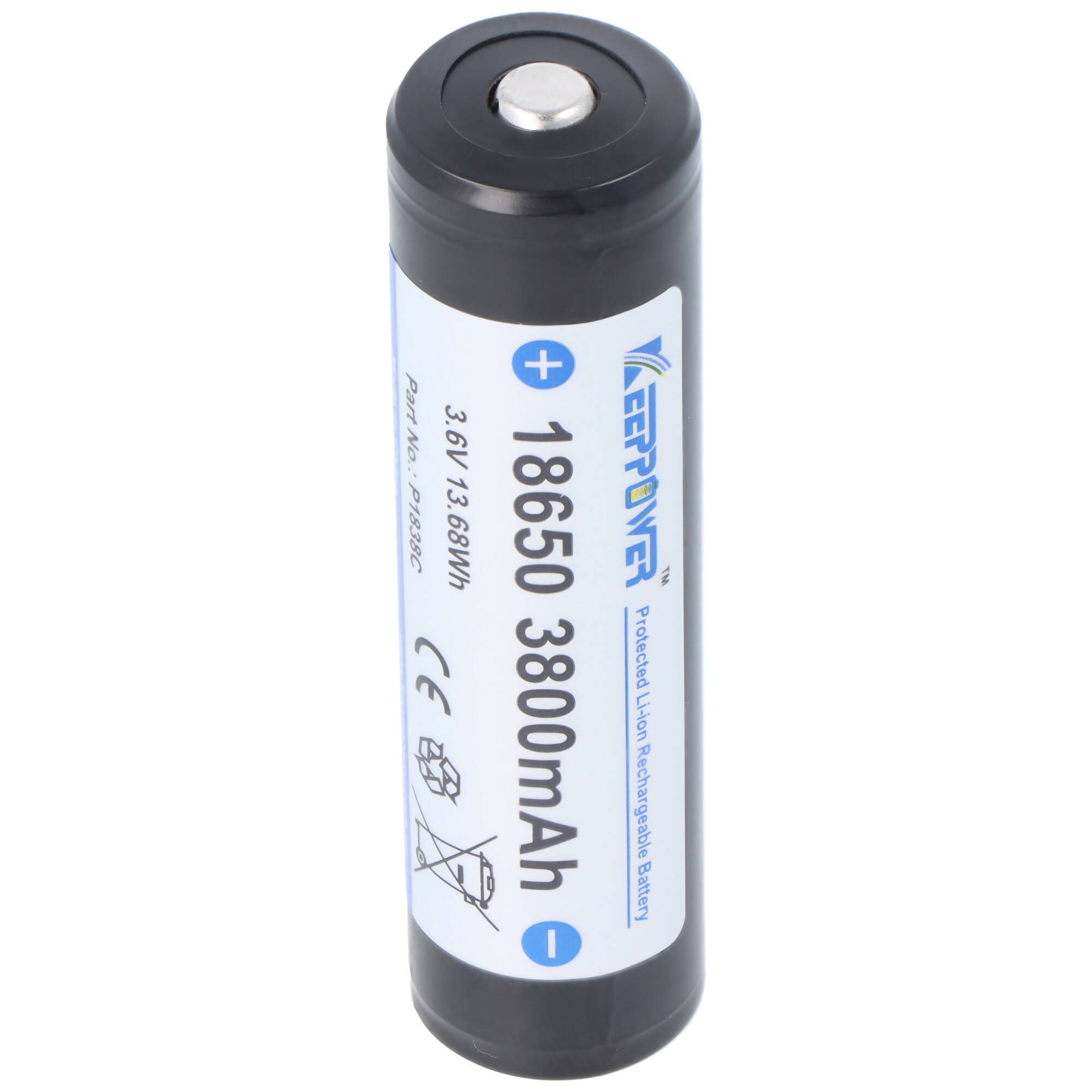 Schwarze 18650 wiederaufladbare Lithiumbatterie mit der Aufschrift „18650 3800mAh" und „3,6V 13,68Wh"" mit Plus- und Minuspolkennzeichnungen.