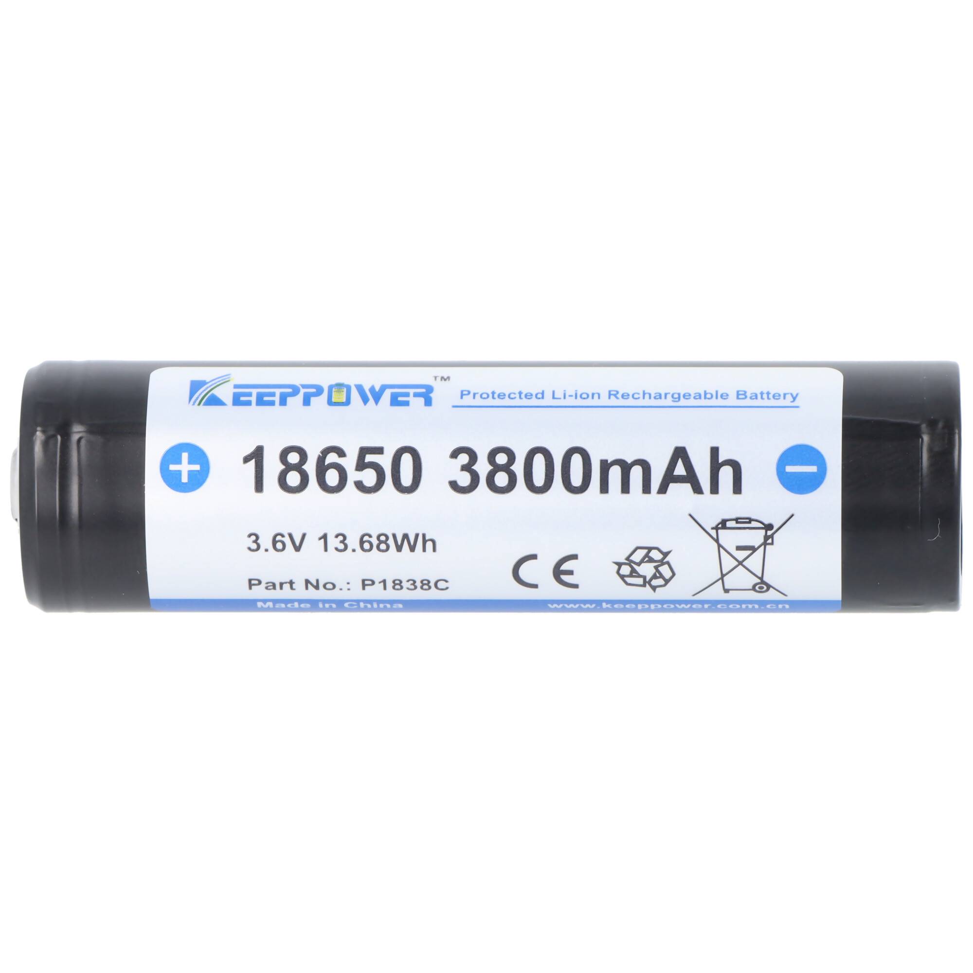 Lithium-Ionen-Akku mit der Bezeichnung „18650 3800mAh" und „3,6V 13,68Wh"" mit gekennzeichneten Pluspol und Minuspol.