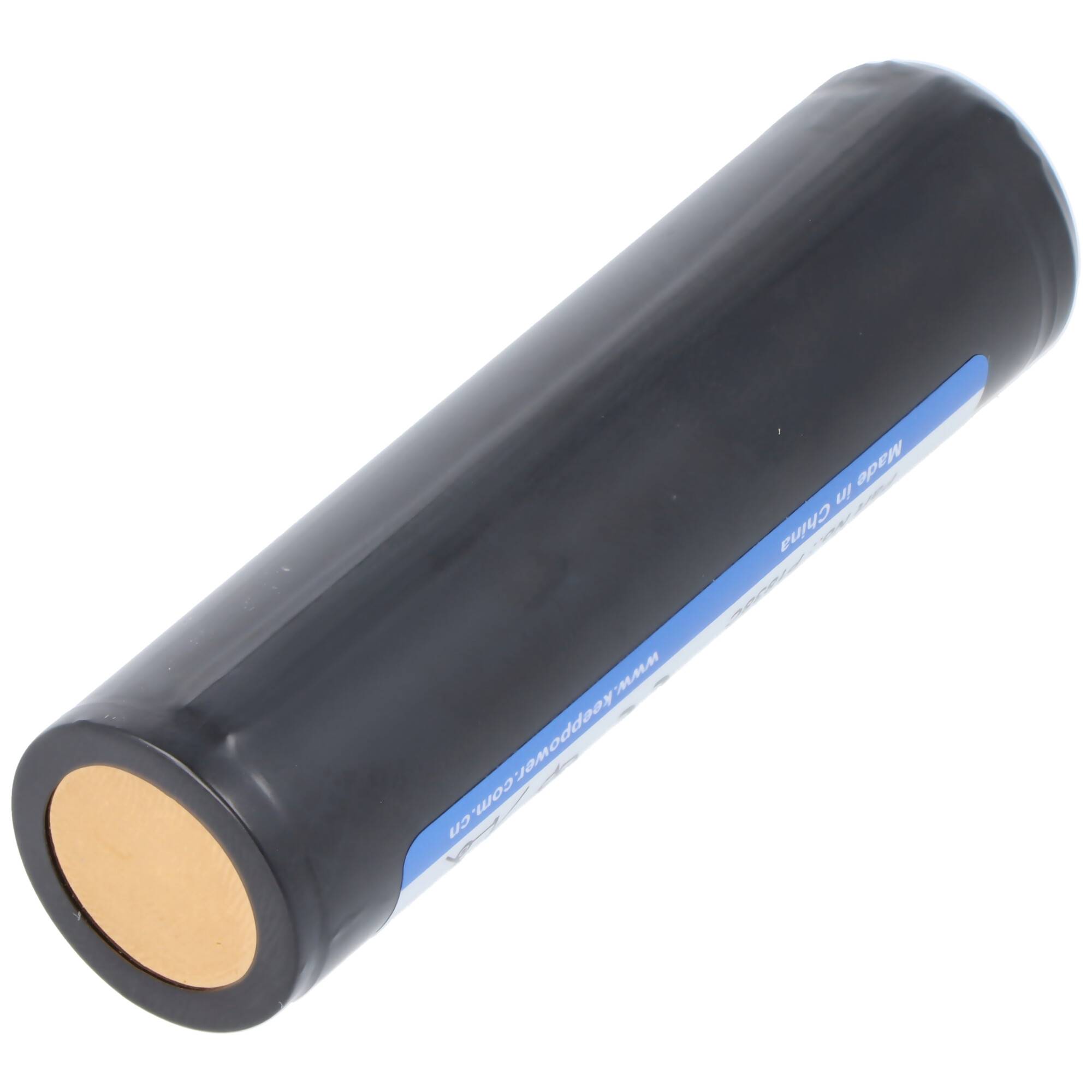 Schwarzes zylindrisches Batteriepack mit blauem Etikett, auf weißem Hintergrund gezeigt