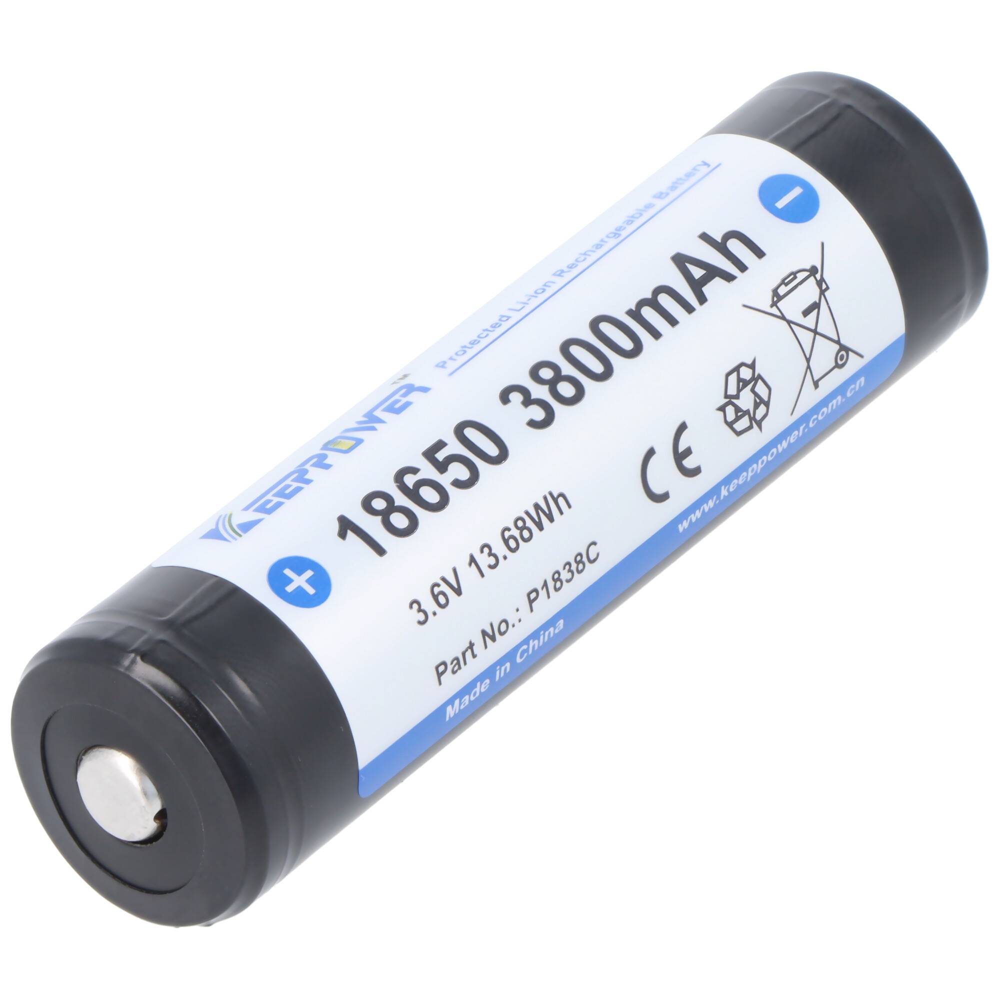 Ein zylindrischer wiederaufladbarer 18650-Akku mit Beschriftung 3800mAh, 3,6V 13,68Wh, mit angezeigten positiven und negativen Polen.