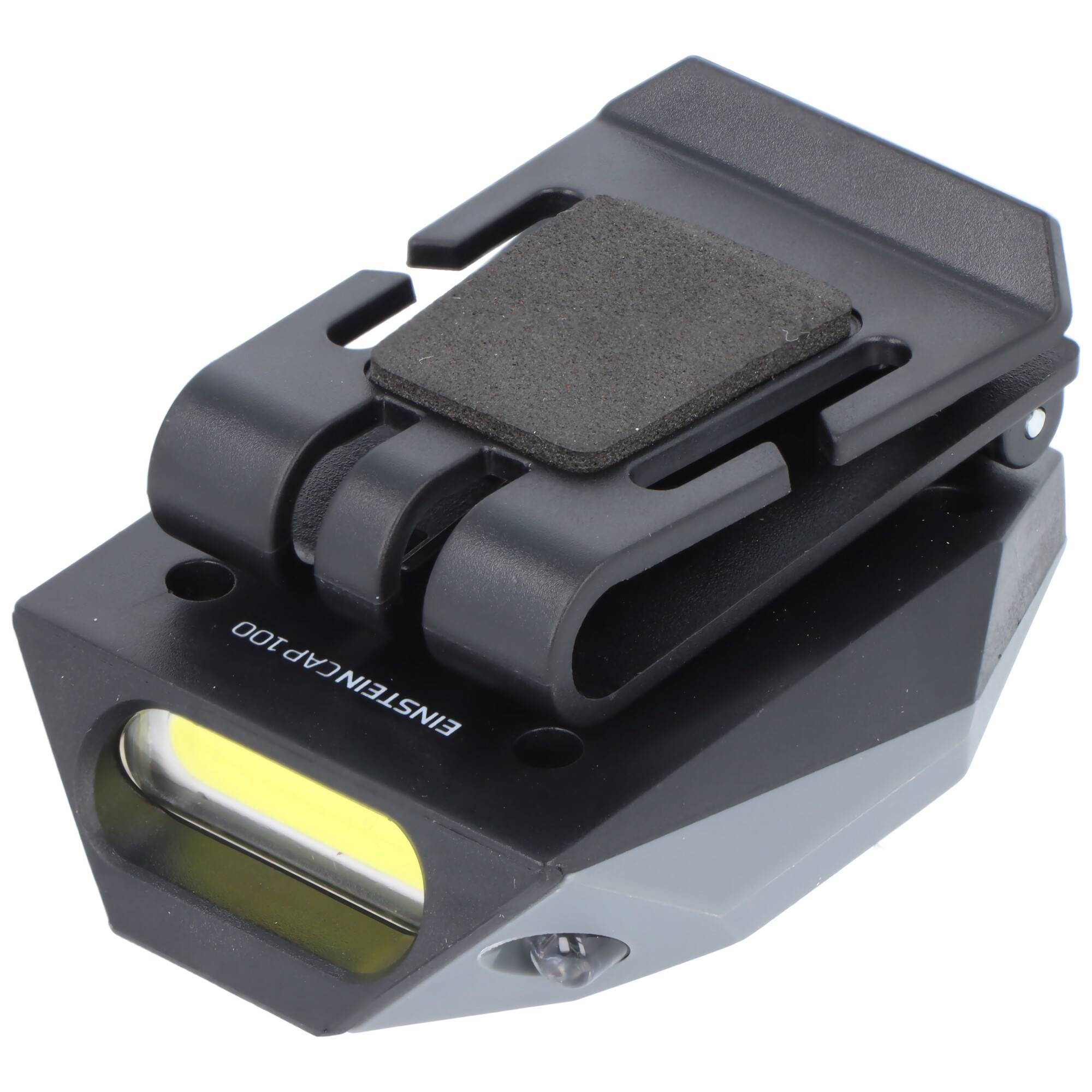 Schwarzes kompaktes Clip-on-Gerät mit gelbem Lichtfenster, wahrscheinlich eine kleine Taschenlampe oder Arbeitsleuchte.