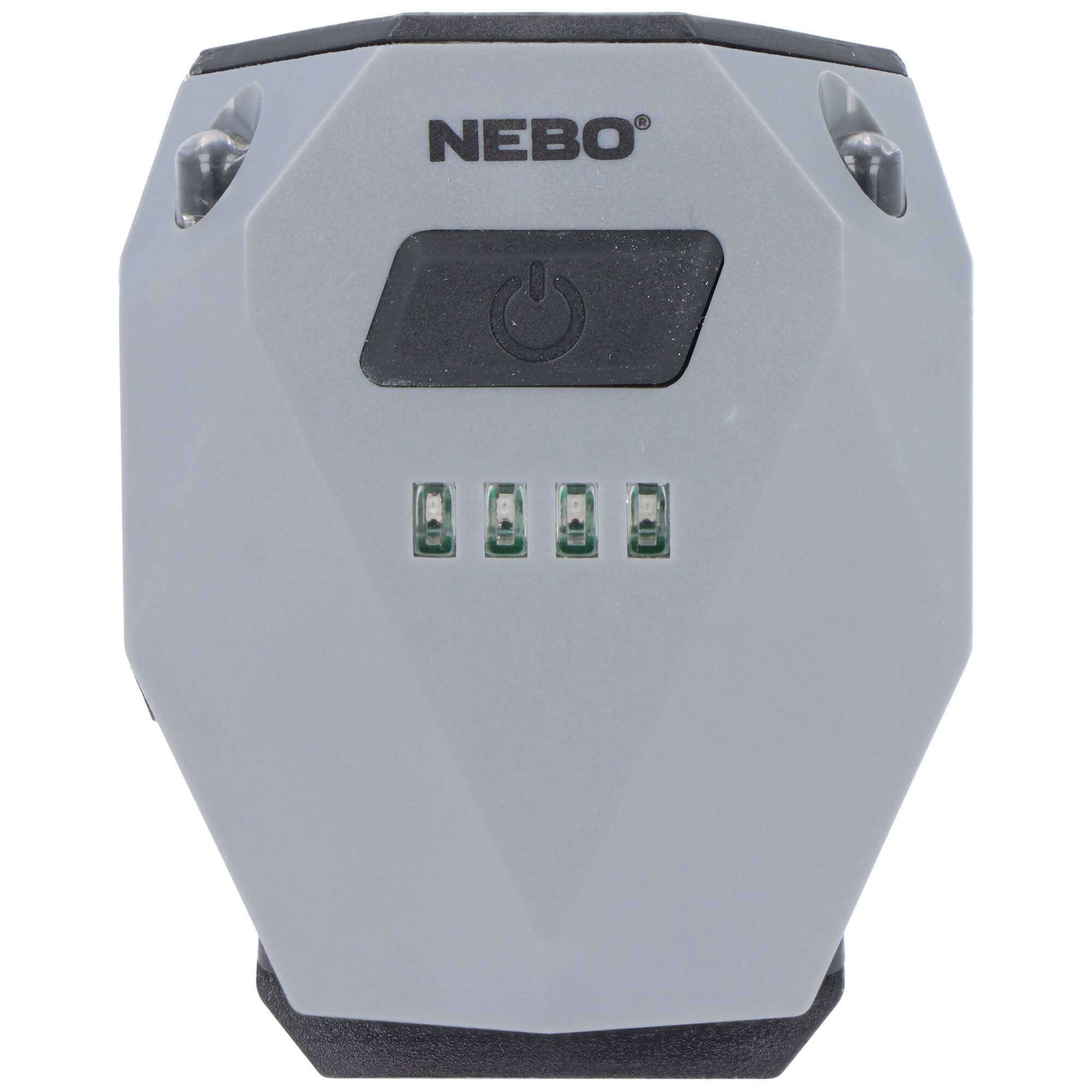 Tragbare Lichtanlage Gray NEBO mit Stromschalter und vier LED-Anzeigen auf der Vorderseite.