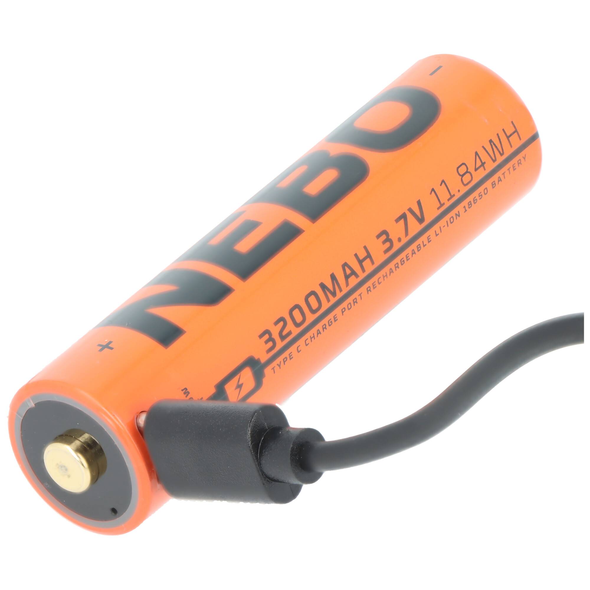 Orange wiederaufladbare 18650-Batterie mit angebrachtem schwarzem Ladekabel, beschriftet mit 