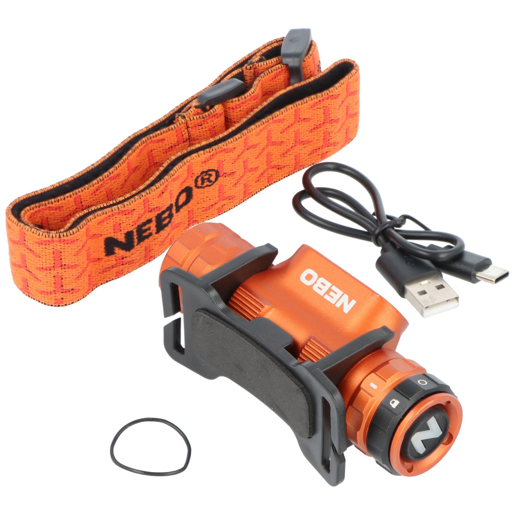 Orange aufladbare OBEEN-Taschenlampe mit USB-Ladekabel, Transporttasche und kleinem Gummiring-Zubehör auf weißem Hintergrund.