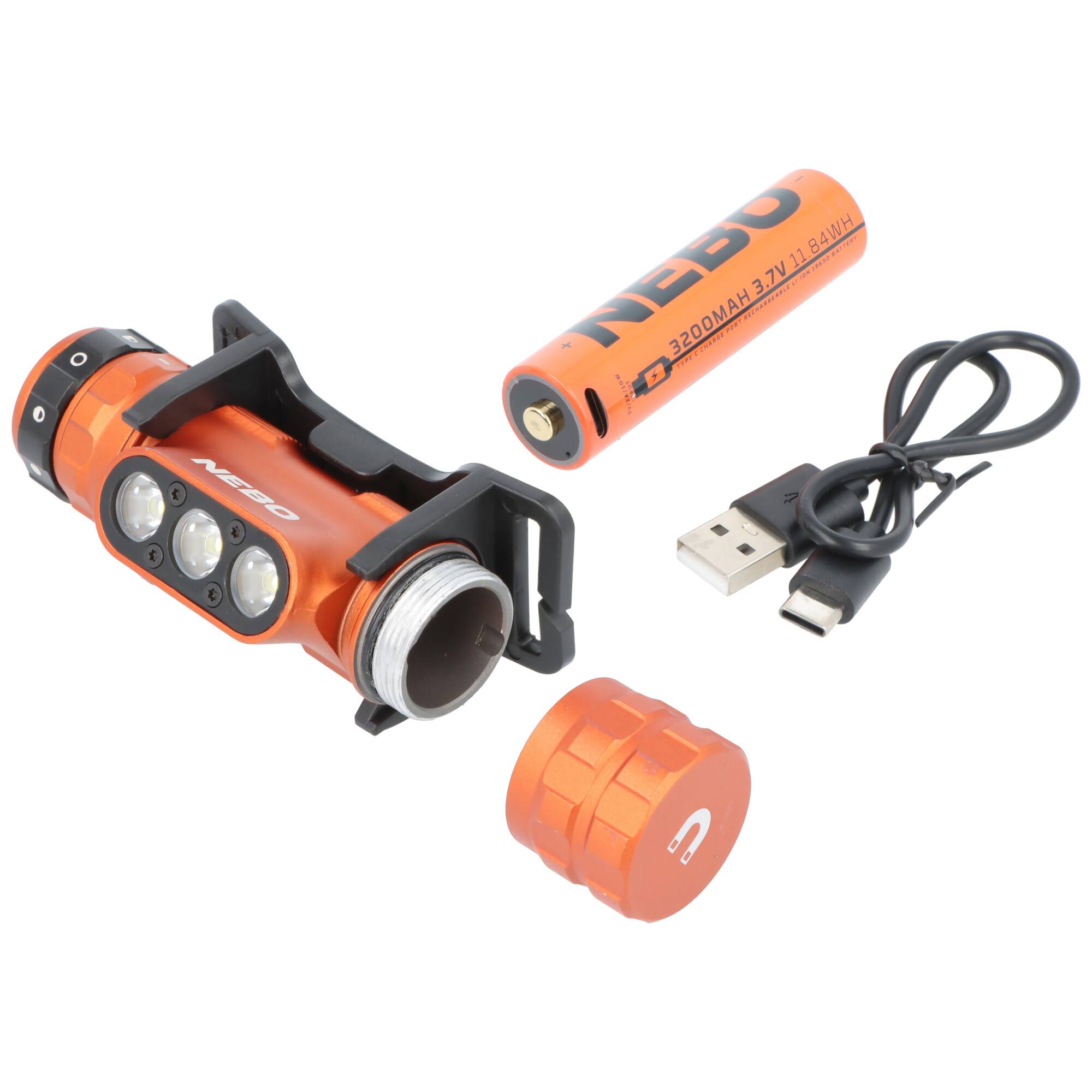 Orange wiederaufladbares Stirnlampen-Set mit verstellbarem Lampenkopf, Akku, USB-Ladekabel und austauschbarer Schutzkappe auf weißem Hintergrund
