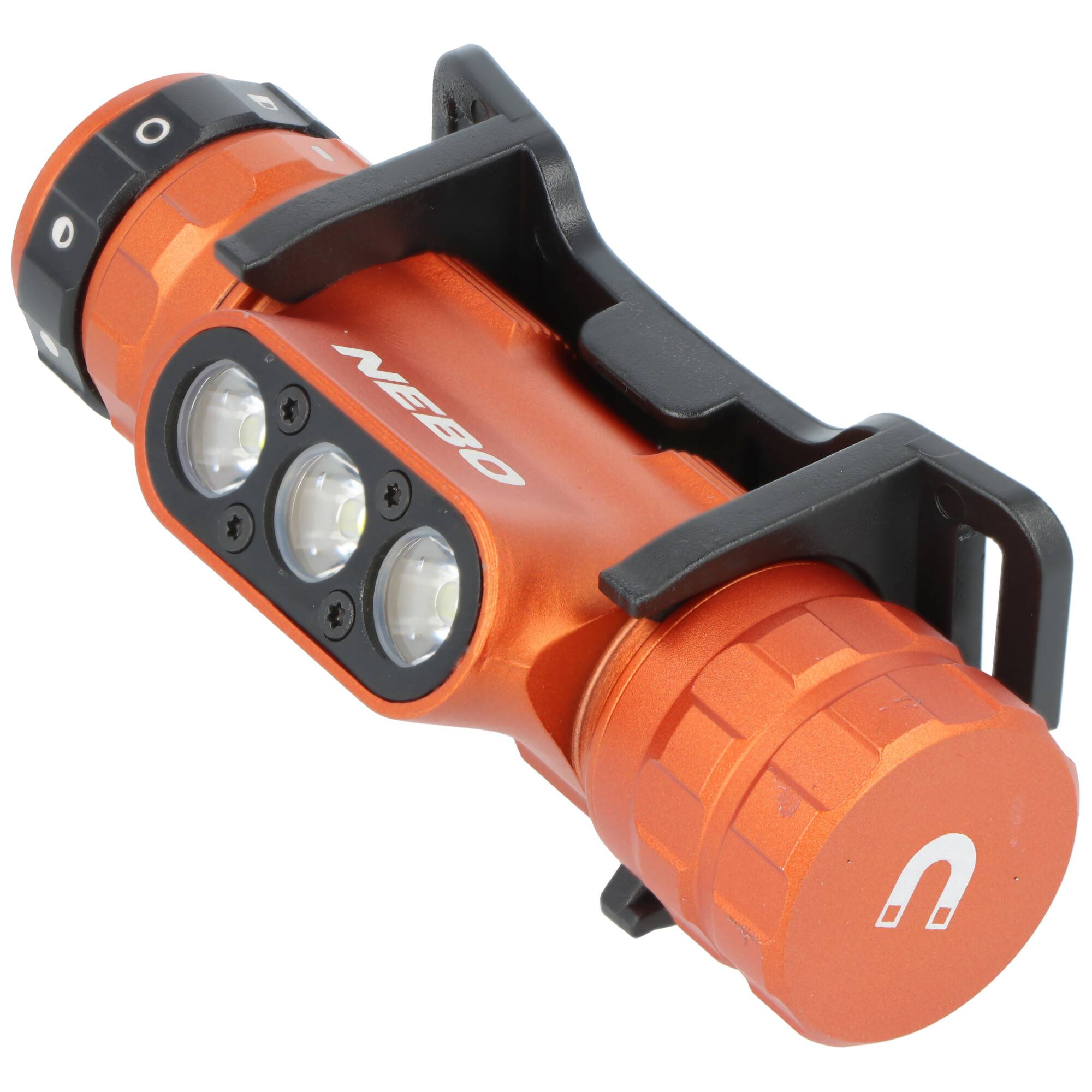 Orange tragbare LED-Taschenlampe mit drei vorderen Glühbirnen, schwarzen Montageklammern und einer abgerundeten Endkappe mit einem weißen Magnetsymbol.