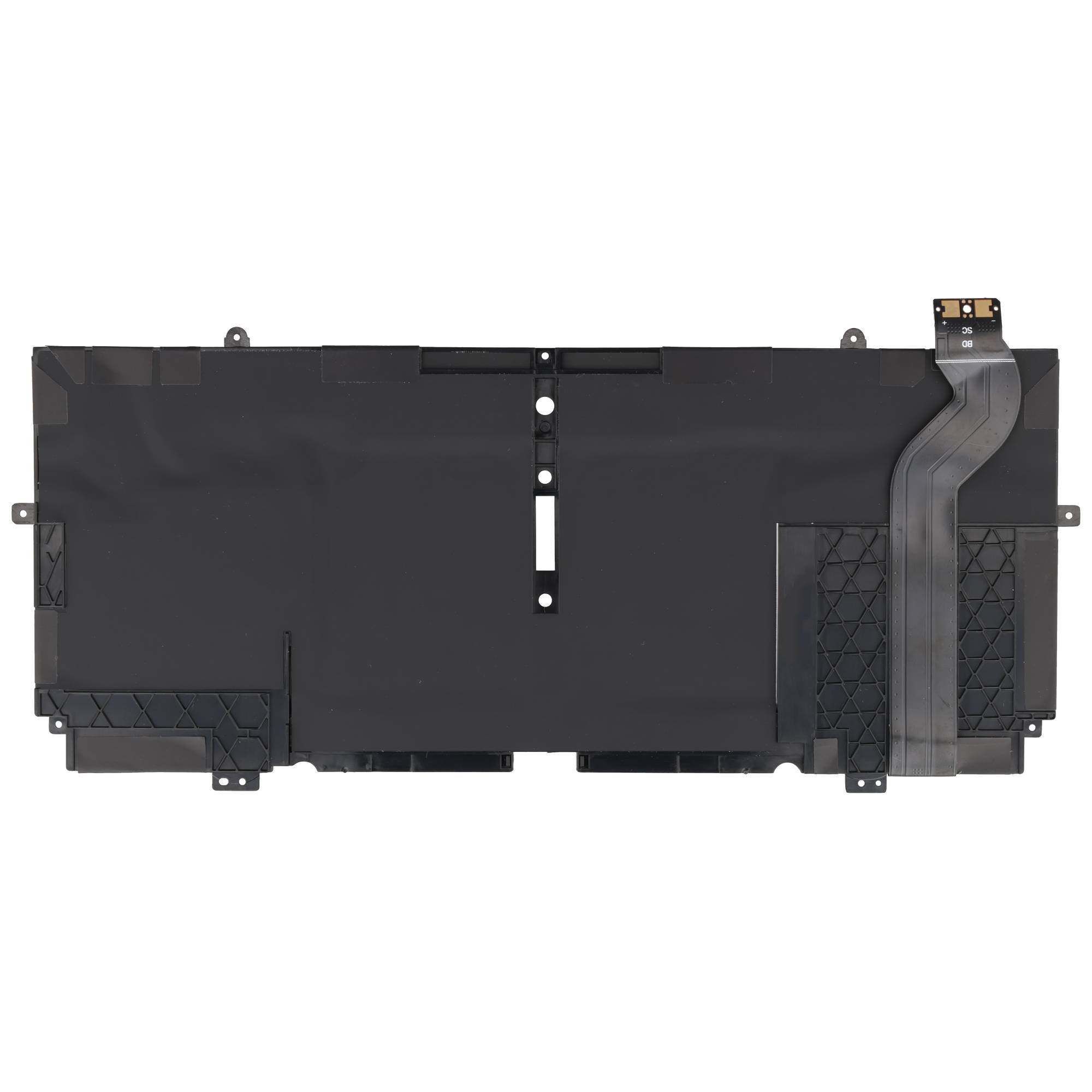 Schwarzes rechteckiges elektronisches Bauteil oder Batteriepack mit Befestigungslaschen und einem Flachbandkabel auf weißem Hintergrund.