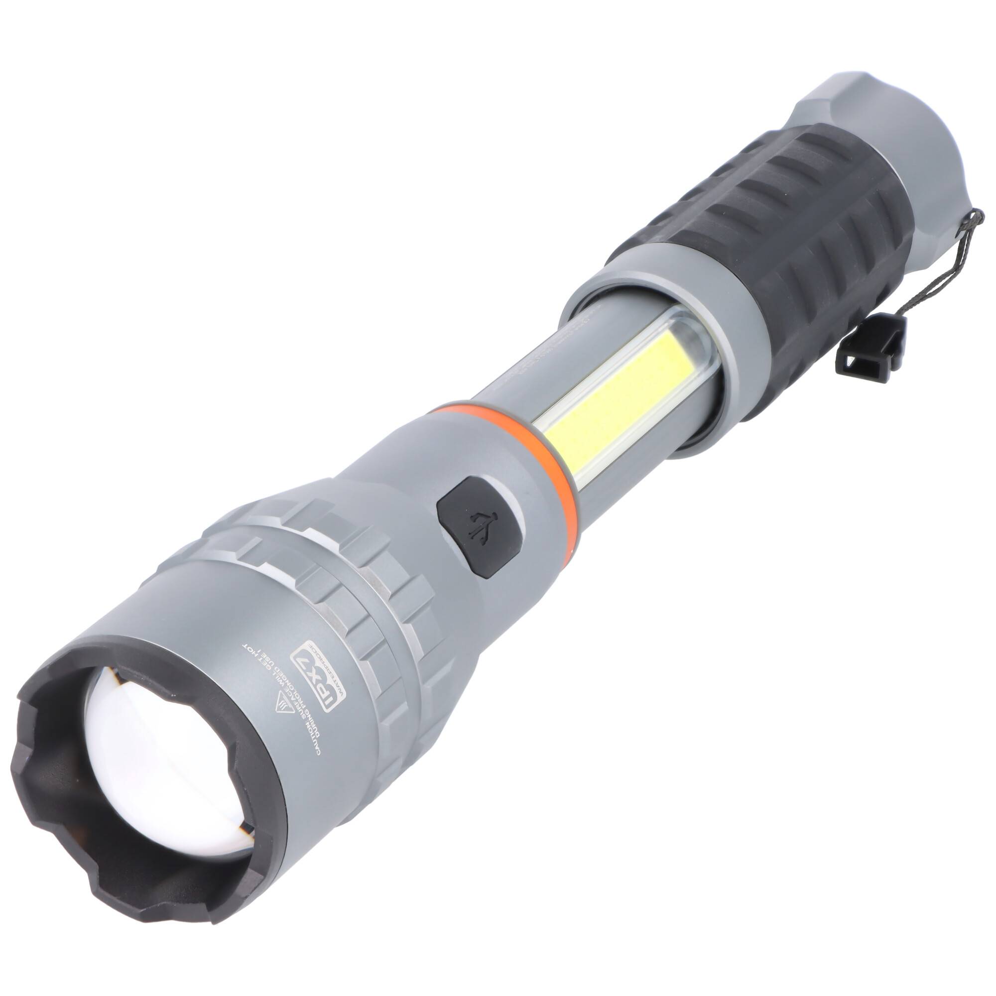 Graue tragbare Taschenlampe mit LED-Seitenpanel und schwarzem Griff, gezeigt auf weißem Hintergrund.