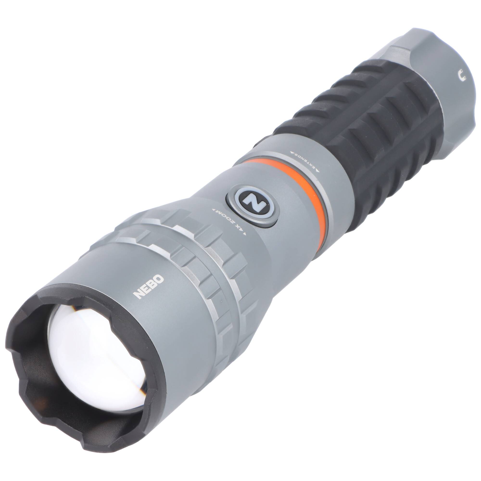 Grau NEBO Taschenlampe zum Halten mit schwarzem Griff und orangefarbener Akzentuierung, auf weißem Hintergrund dargestellt.