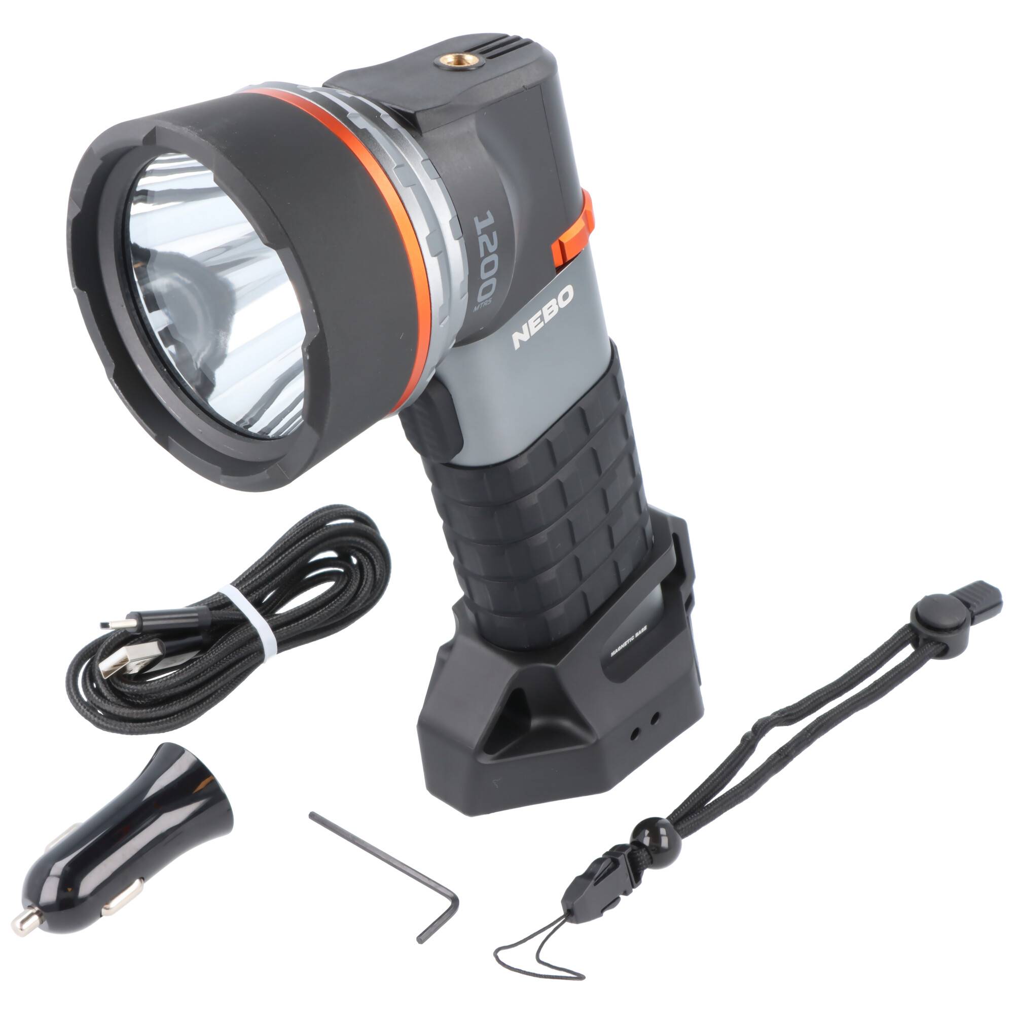 Aufladbare NEBO-Taschenlampe mit Ladestation, USB-Kabel, Autoadapter und Handgelenkband im Lieferumfang enthalten.