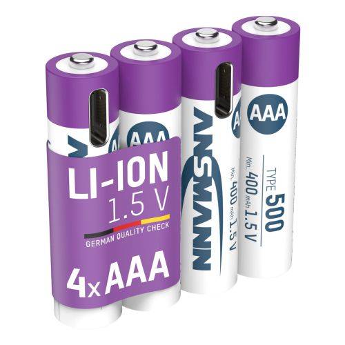 Vier AAA-Lithium-Ionen-Batterien mit der Bezeichnung „LI-ION 1,5 V
