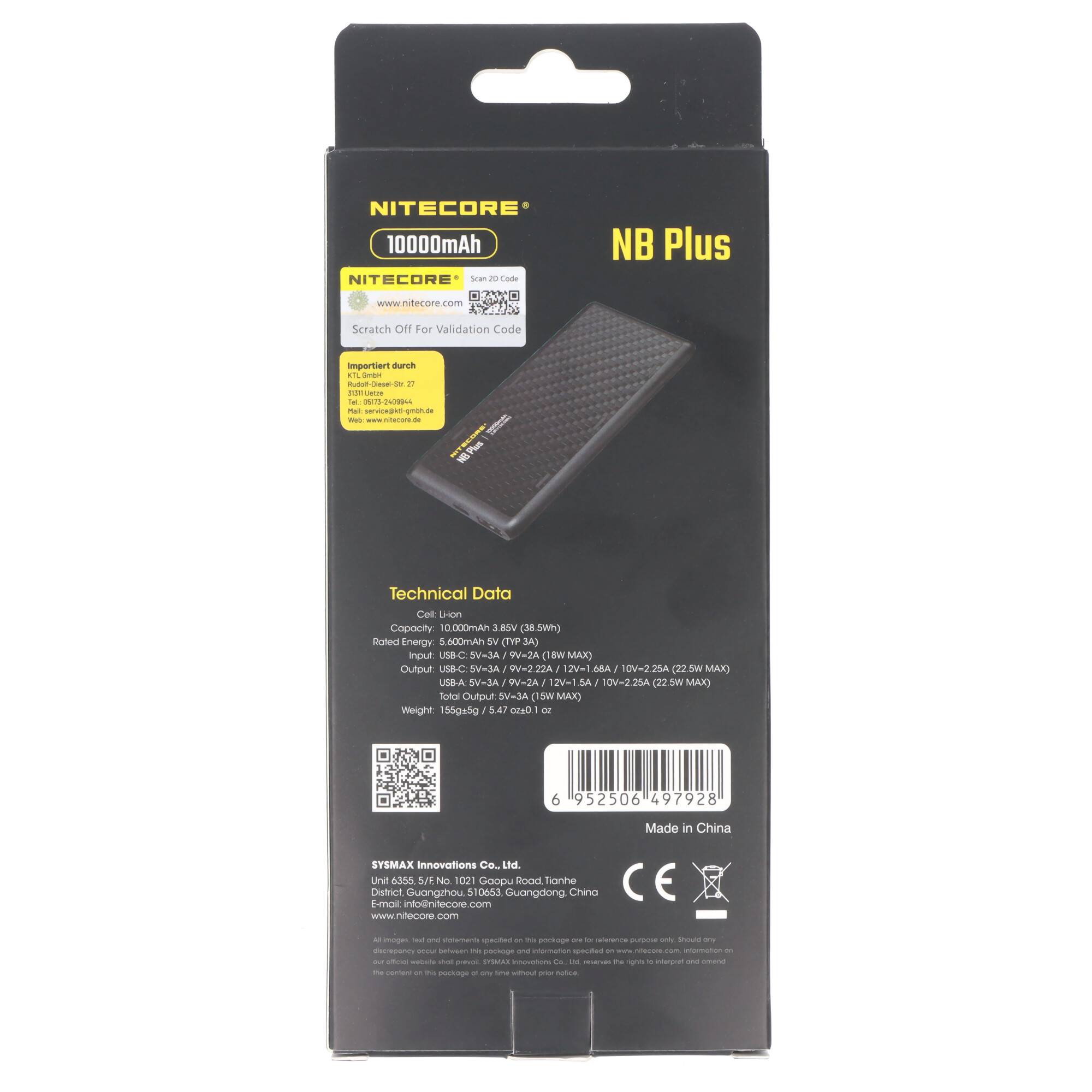 # Verpackung für eine Nitecore NB Plus 10000mAh Powerbank, die das Produktbild, technische Daten, Barcode und Zertifizierungszeichen zeigt.