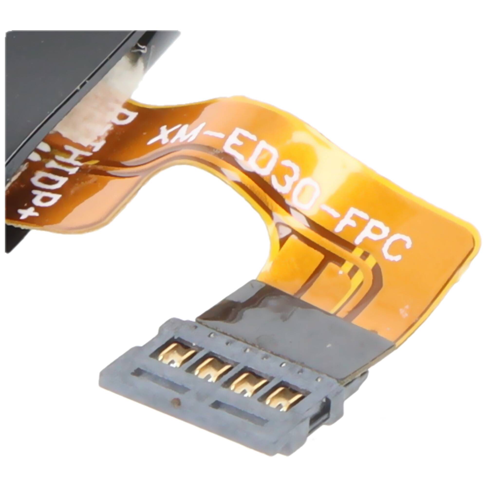 Orange flexibles Bandkabel mit grauem Steckerverbinder und goldenen Kontakten, gekennzeichnet mit „XM-EQ30-FPC