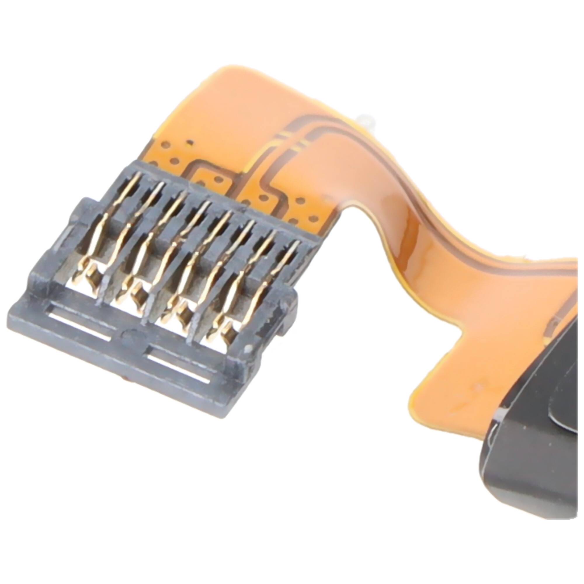 Nahaufnahme eines kleinen elektronischen Flachbandkabel-Steckers mit freigelegten Metallstiften auf einer orangefarbenen flexiblen Schaltung.