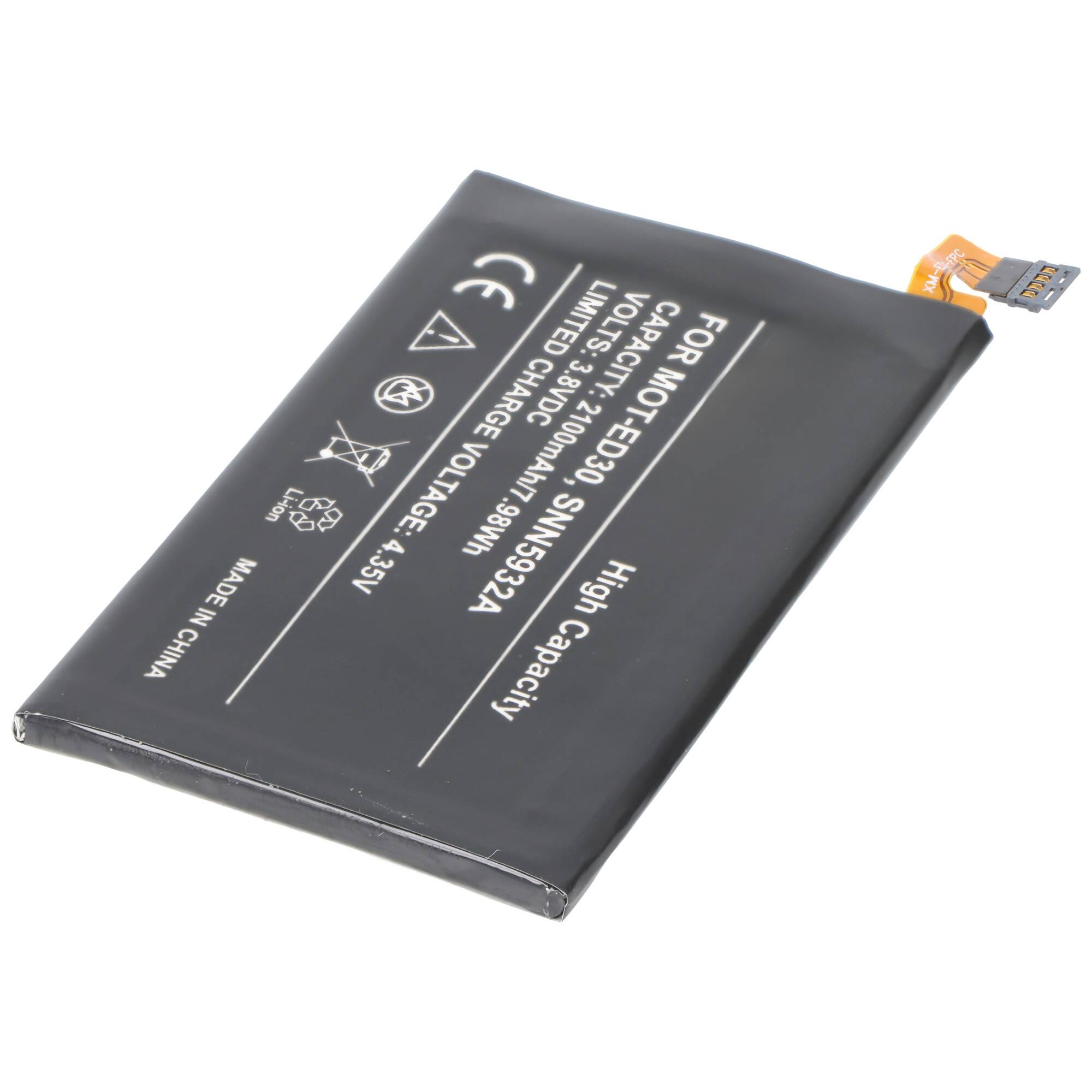 Schwarzes Smartphone-Lithium-Ionen-Akkupack mit orangefarbenem Stecker, mit der Bezeichnung „High Capacity