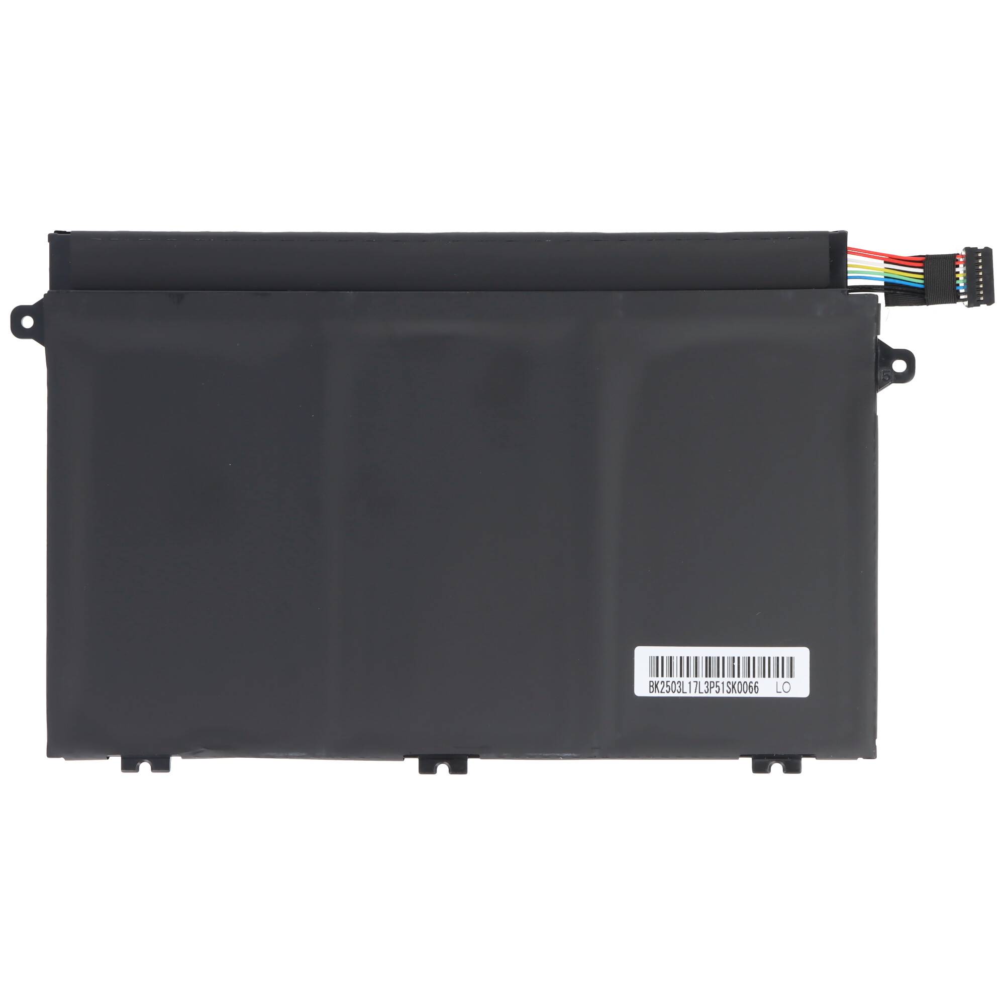 Schwarze Laptop-Batterieleistung mit angeschlossenem mehrfarbigem Stecker und Barcode-Etikett auf weißem Hintergrund.