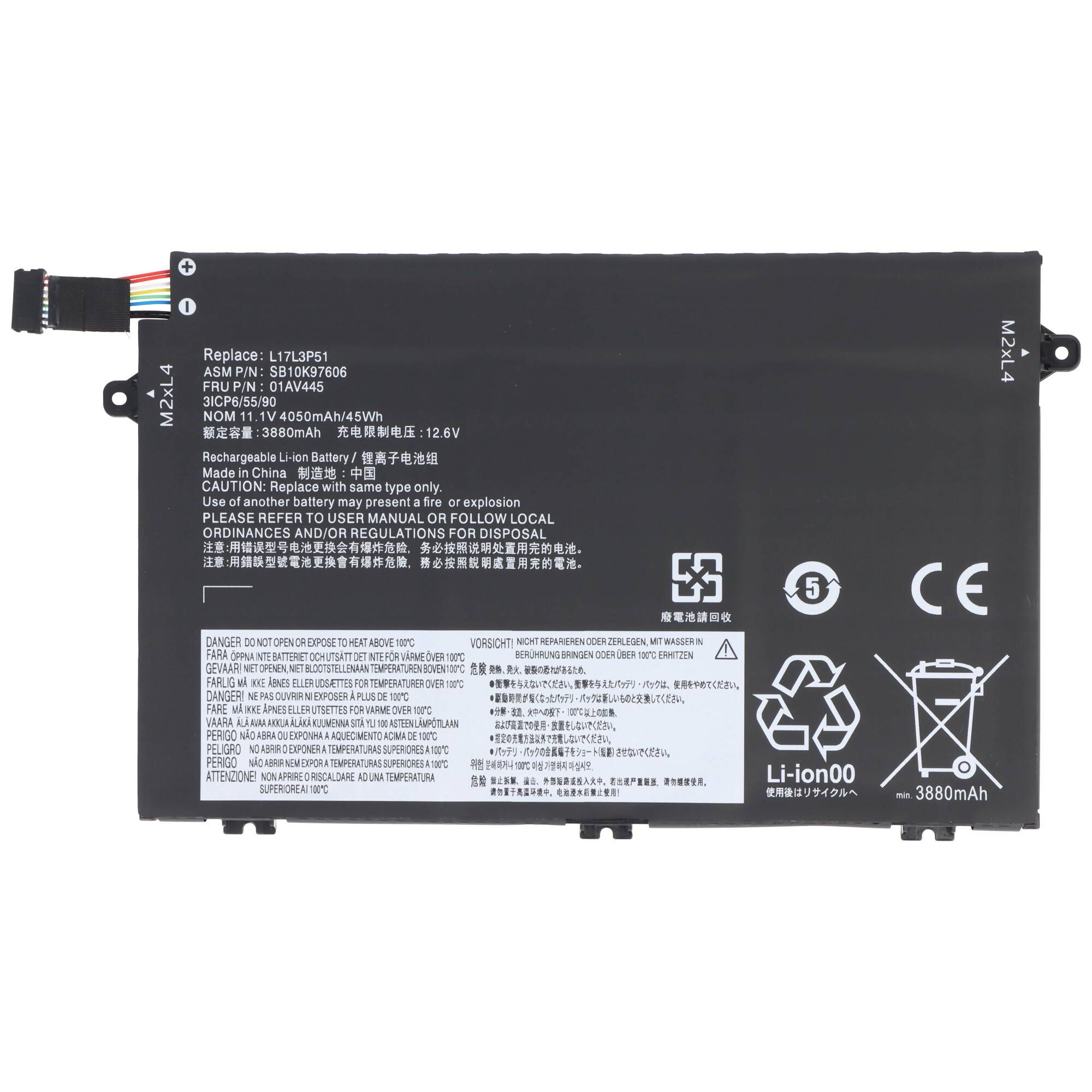 Schwarzes wiederaufladbares Lithium-Ionen-Akkupack mit Beschriftung 12,6V, 3880mAh, mit Stromversorgungs- und Recycling-Warnsymbolen.