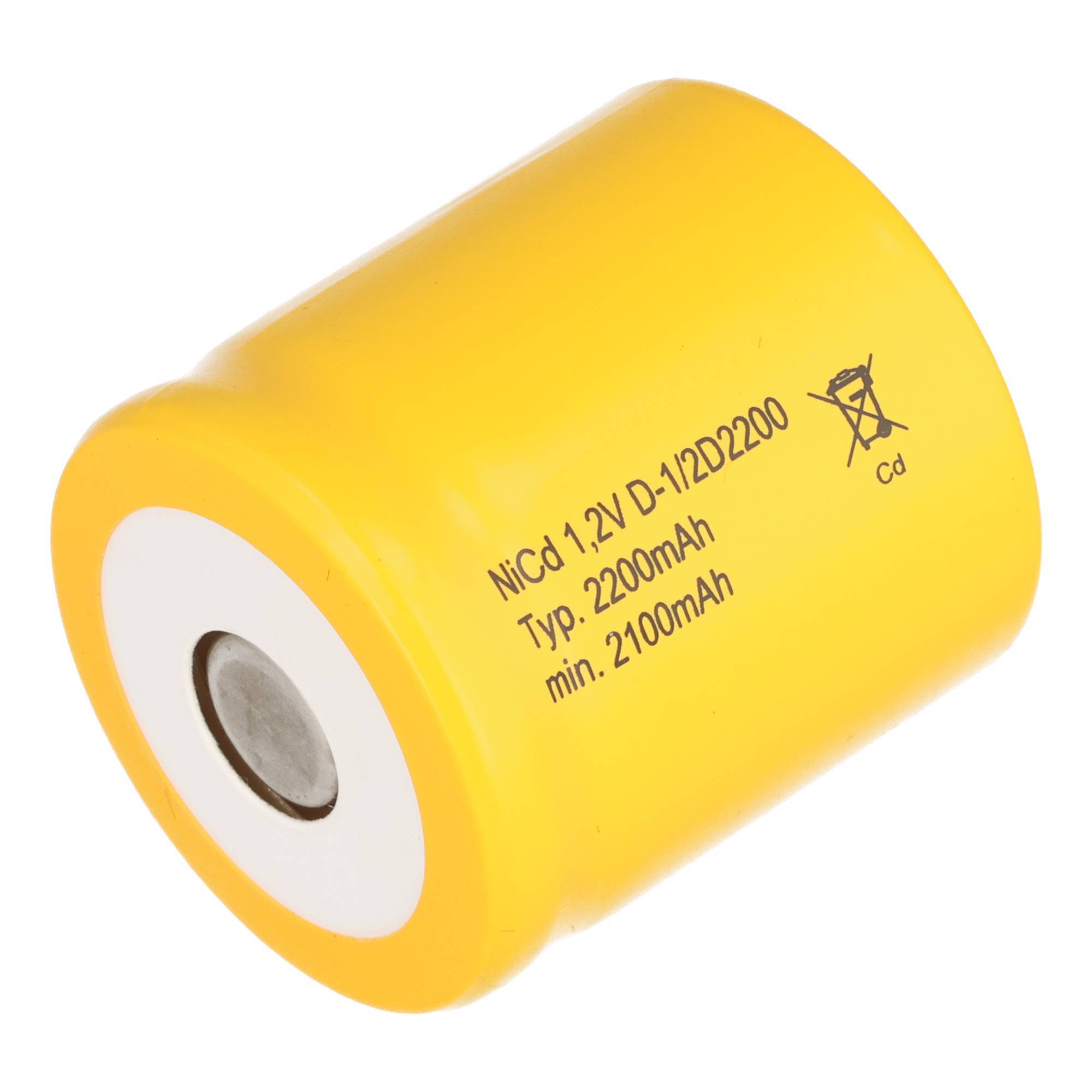 Gelbe NiCd-Akkuzelle mit der Beschriftung „NiCd 1,2V D-12D2200
