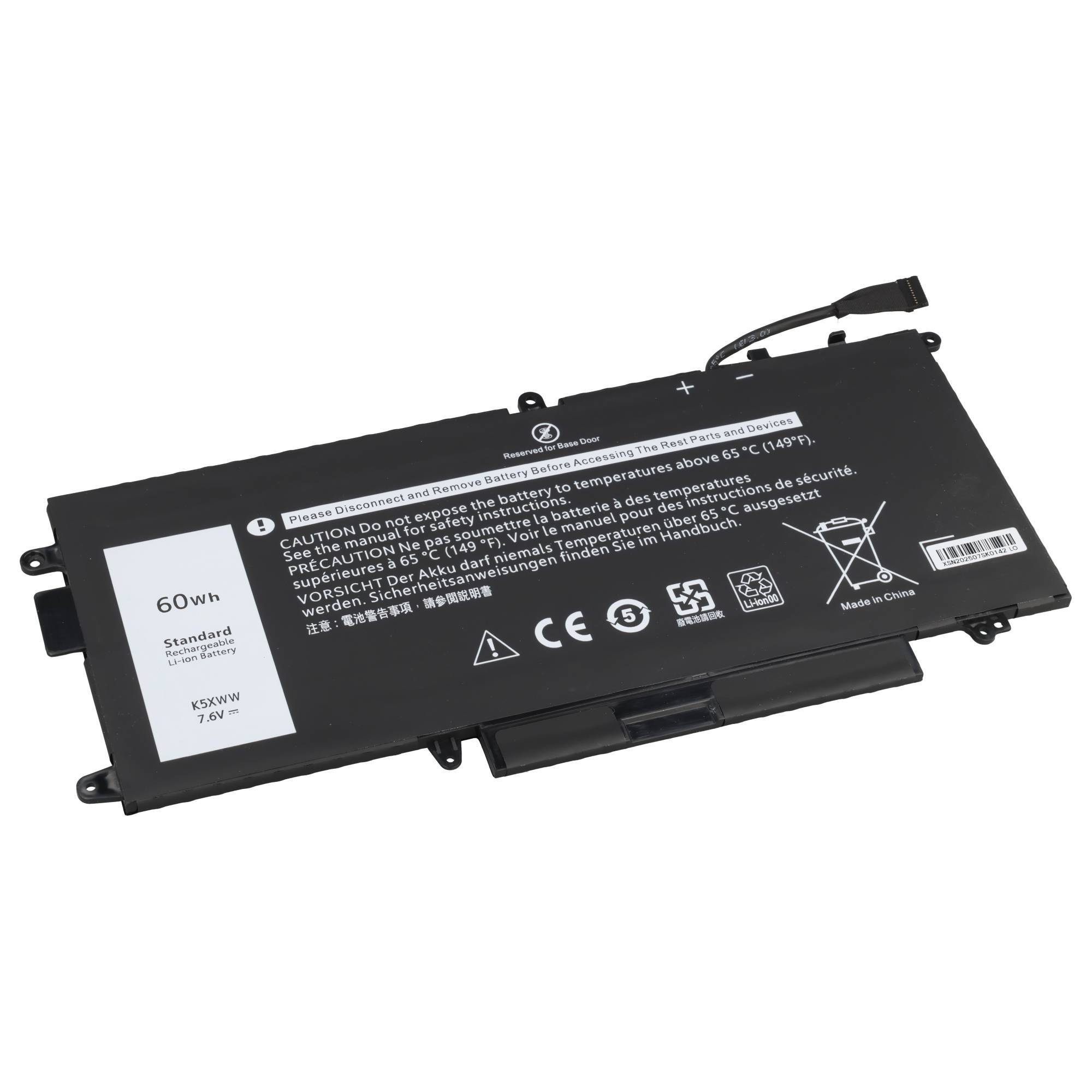 Schwarzes Laptop-Akku-Pack mit der Bezeichnung 60Wh, auf weißem Hintergrund dargestellt, mit angeschlossenem Stromkabel und Warntext.