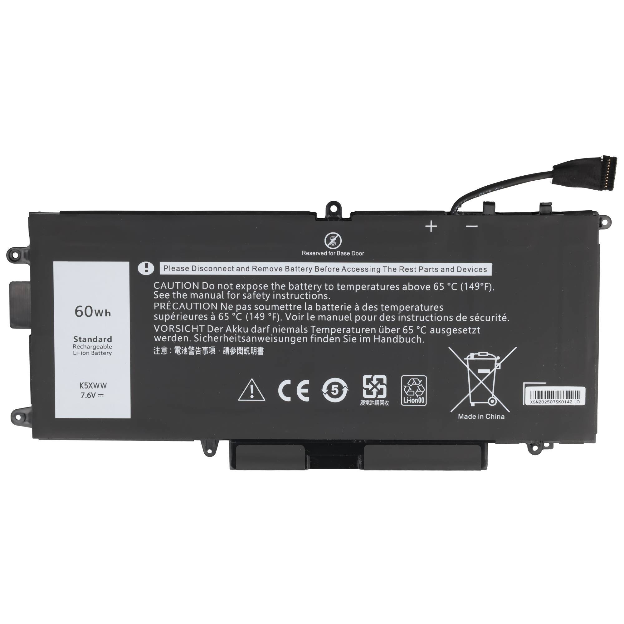Laptop-Akku mit einer Bezeichnung von 60 Wh, 7,6 V, mit Sicherheitswarnungen und angeschlossenem Verbindungskabel.