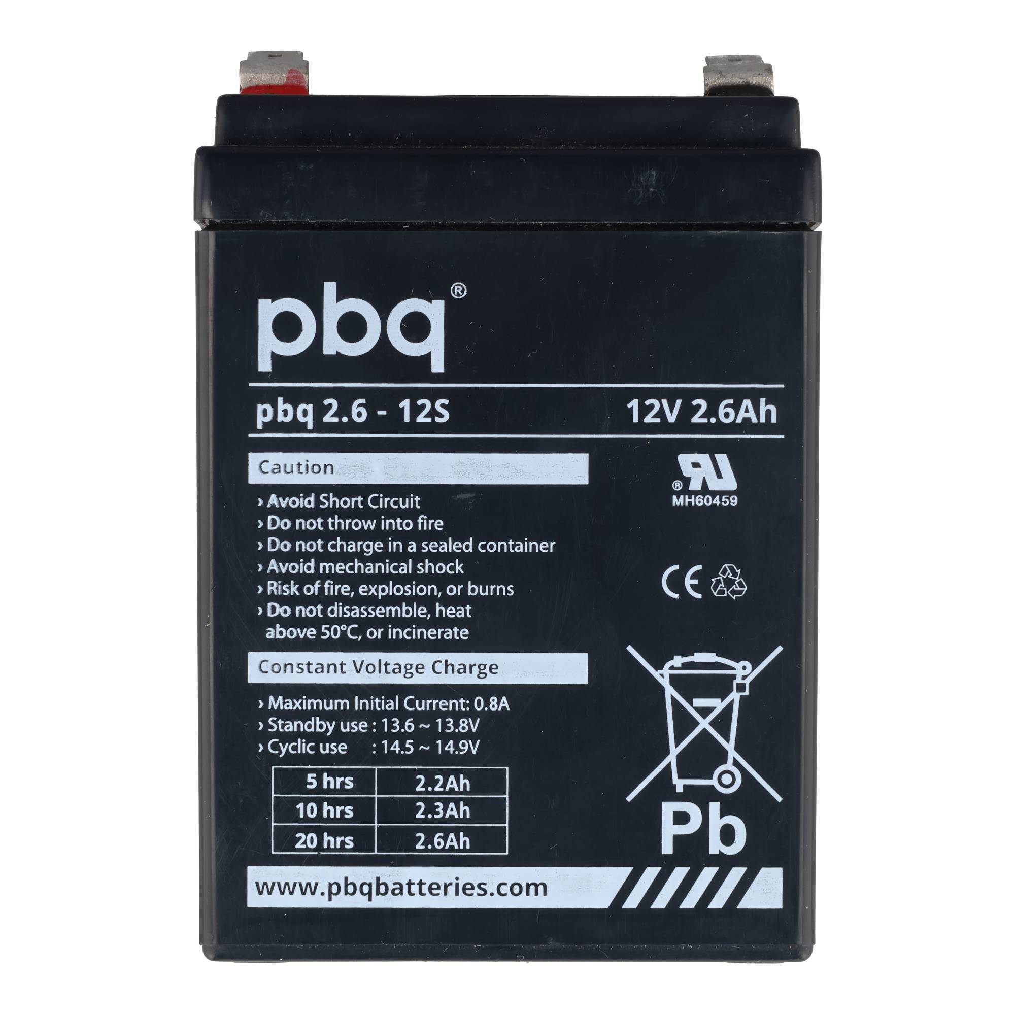 Schwarze 12V 2,6Ah wiederaufladbare versiegelte Bleisäure-Batterie mit Warnaufklebern und Anschlüssen oben.
