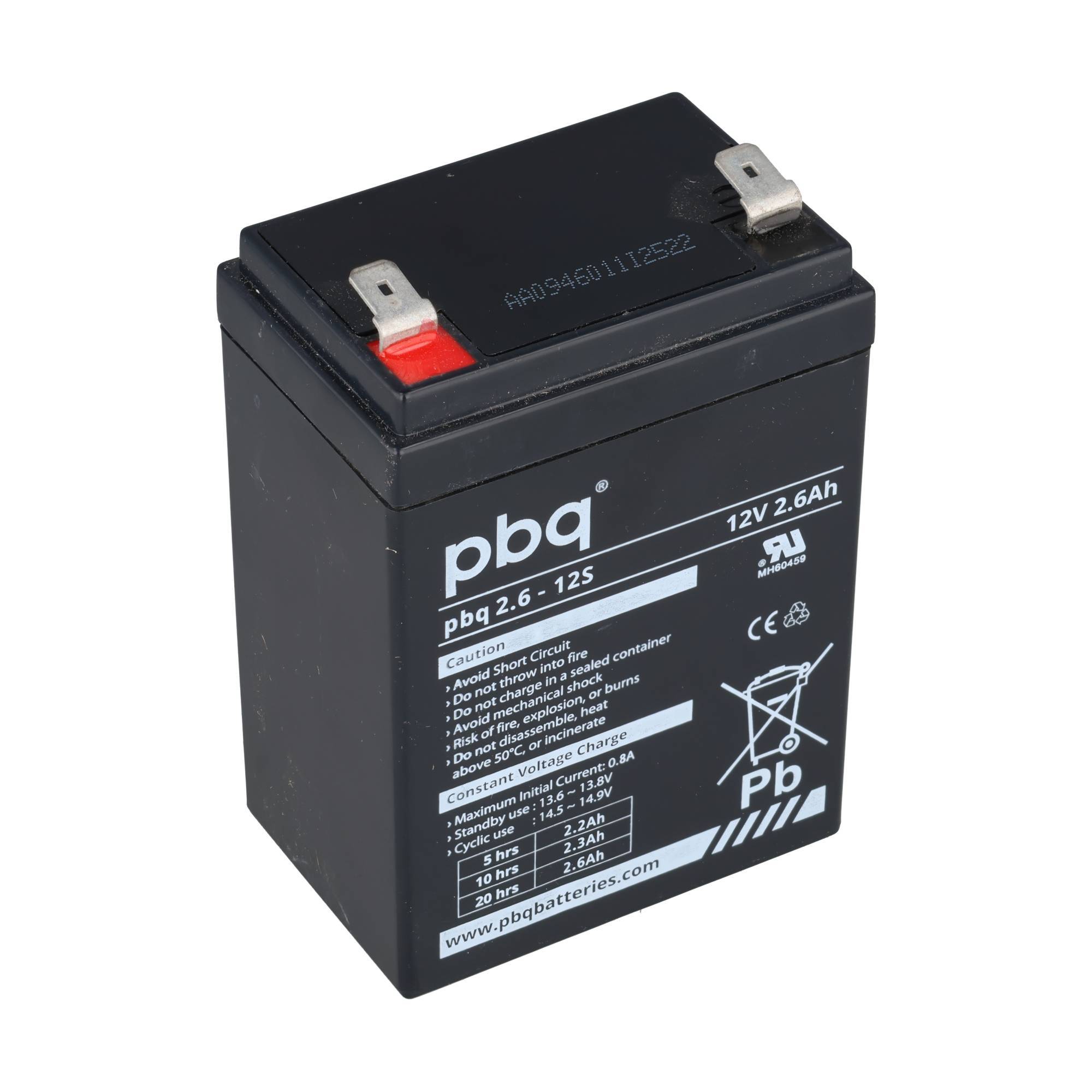 Schwarze PbQ 12V 2,6Ah wartungsfreie Blei-Säure-Batterie mit zwei Metallklemmen und Warnschild auf der Vorderseite.