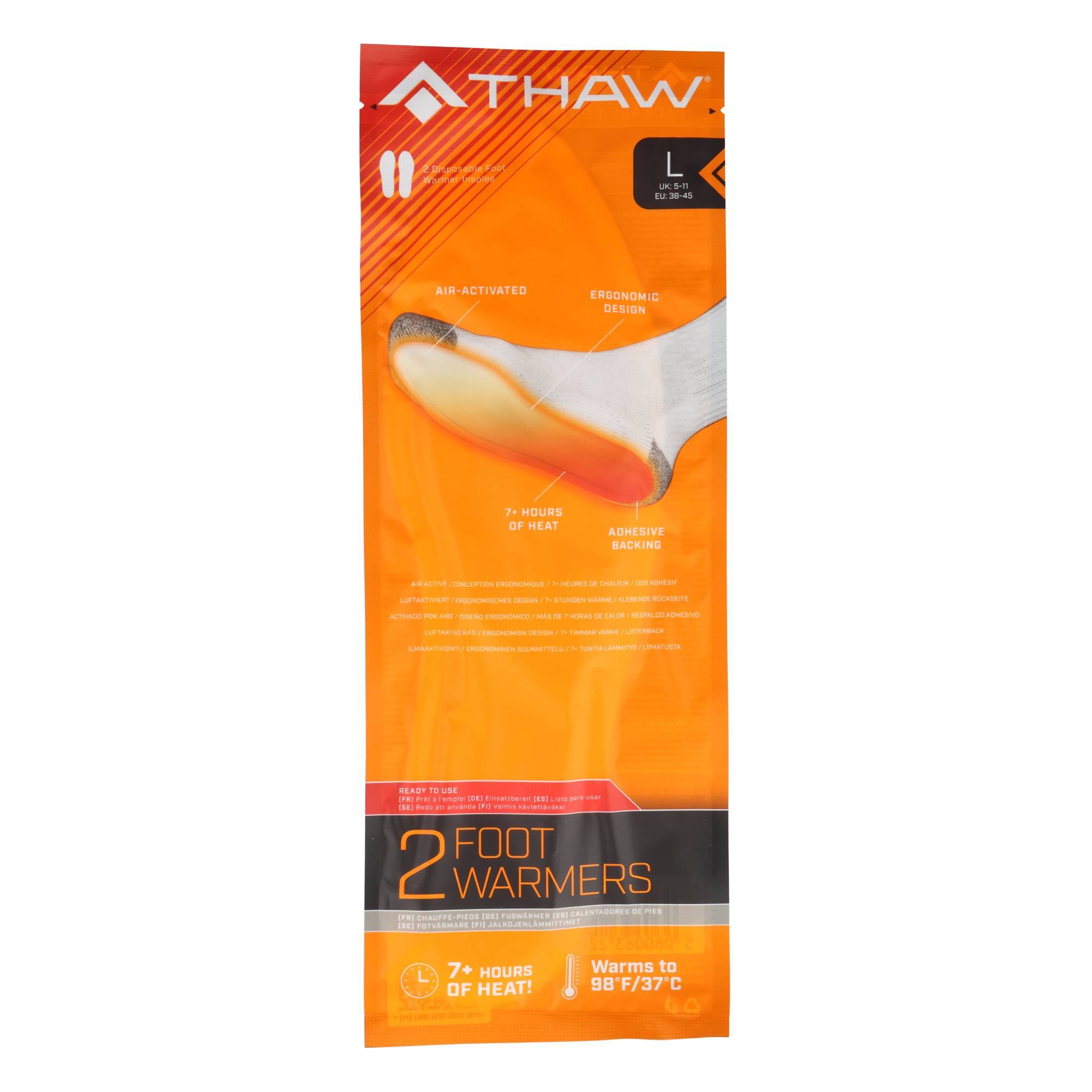 THAW Paket für 2 Fußwärmer, Größe L, mit selbstklebenden Wärmeeinsätzen, die 7+ Stunden lang bis zu 98°F/37°C wärmen.
