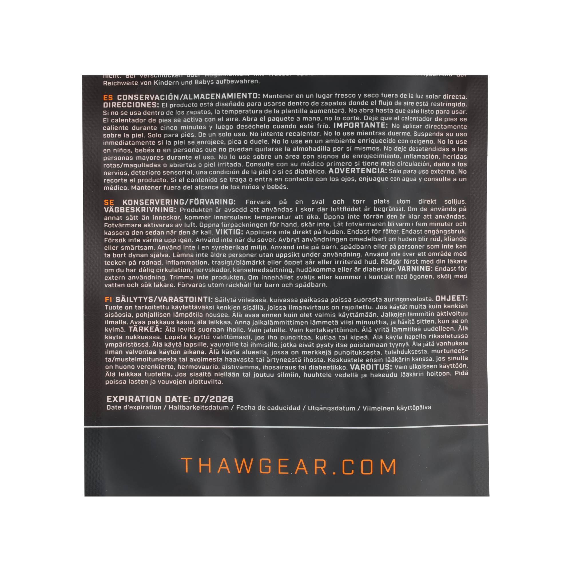 Schwarzes Produktetikett mit mehrsprachigen Sicherheits-, Lagerungs- und Verfallsanweisungen sowie „THAWGEAR.COM