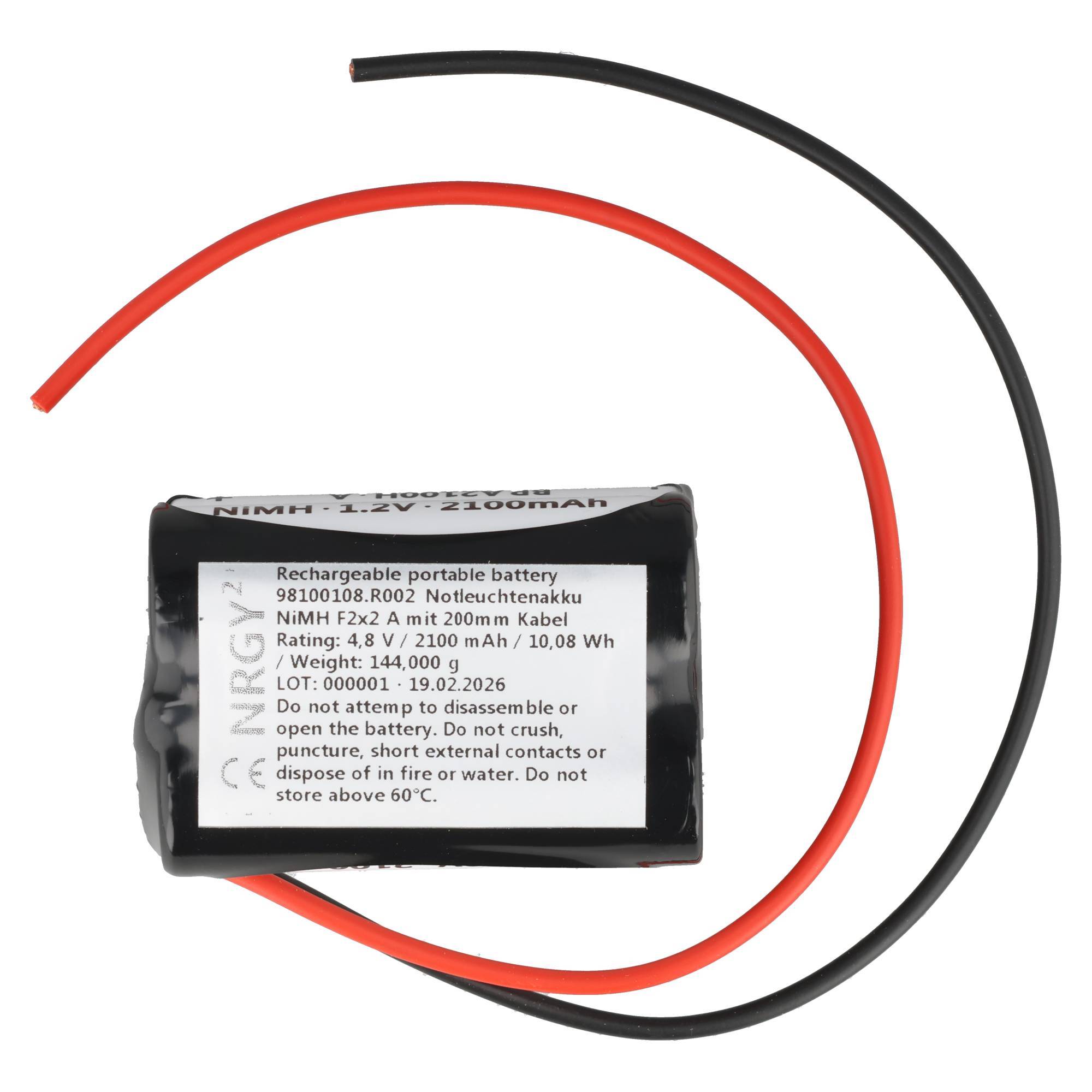 Kleines wiederaufladbares Batteriepaket mit rot und schwarzen Drähten, beschriftet mit 4,8V 2100mAh.