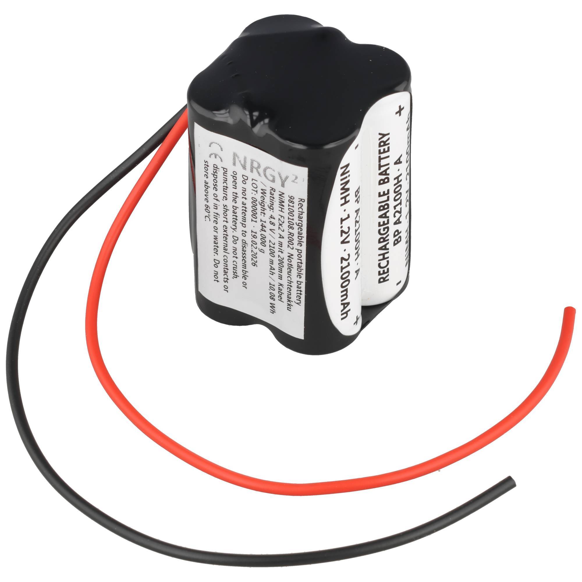 Schwarzes wiederaufladbares Batteriepak mit angebrachten roten und schwarzen Kabeln, gekennzeichnet mit 12V 2100mAh