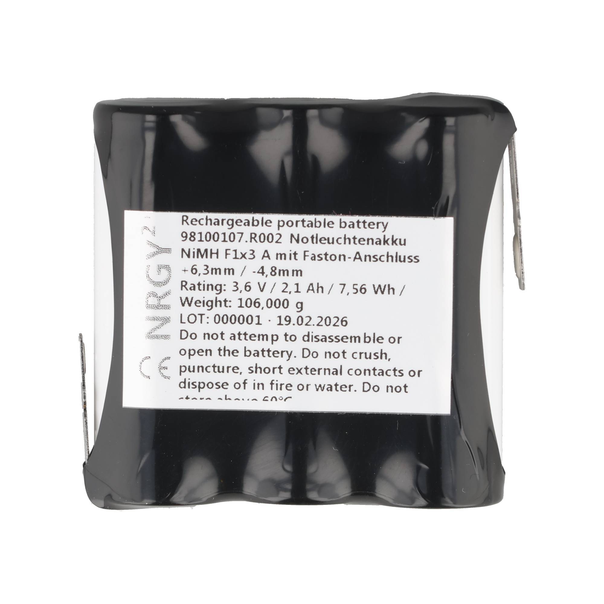 Schwarze wiederaufladbare tragbare Batterie mit weißem Etikett, das Spezifikationen, Warnungen und Chargen-/Verfallsdatum auflistet.