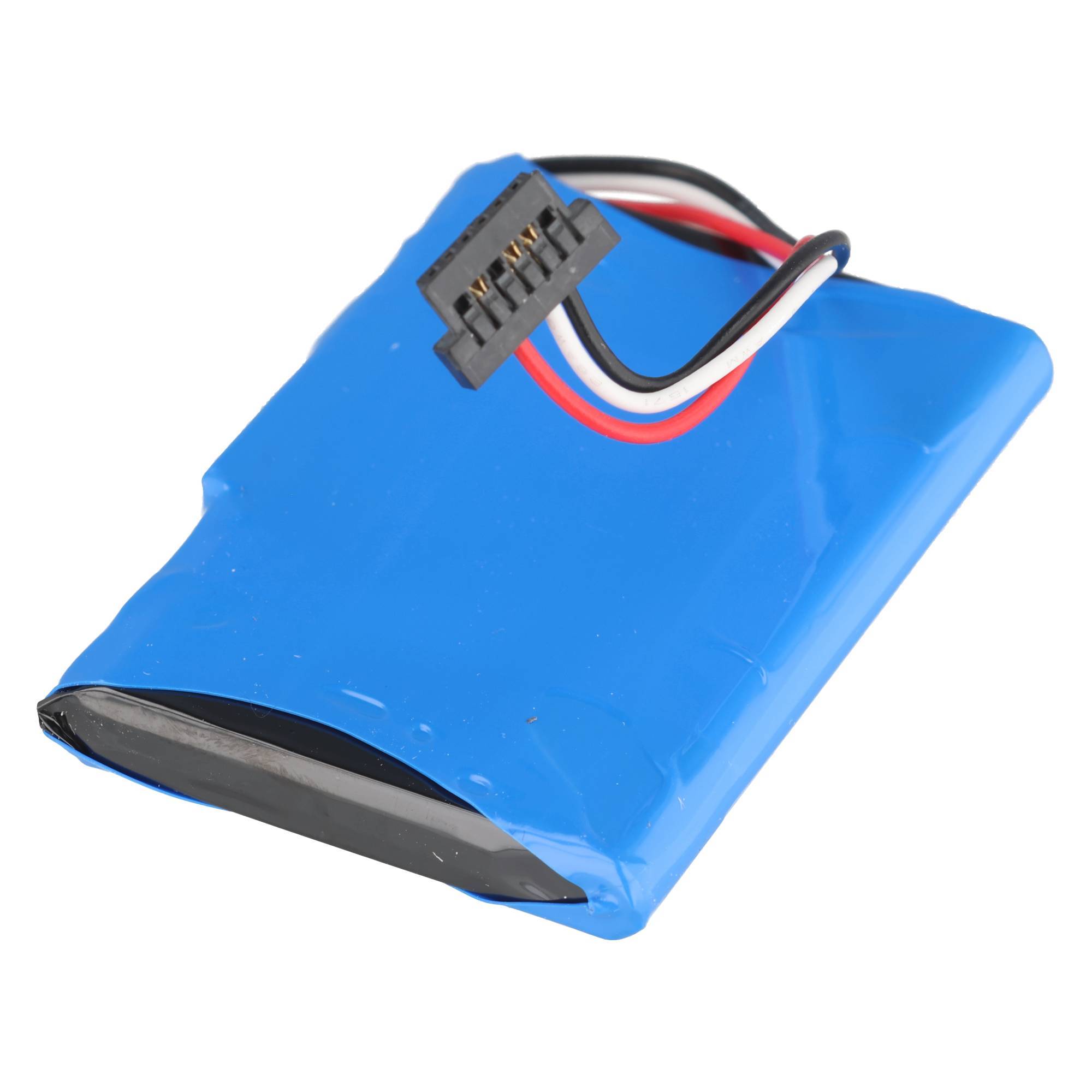 Blauer wiederaufladbarer Batteriepack mit angebrachten roten, schwarzen und weißen Drähten und Stecker auf weißem Hintergrund.