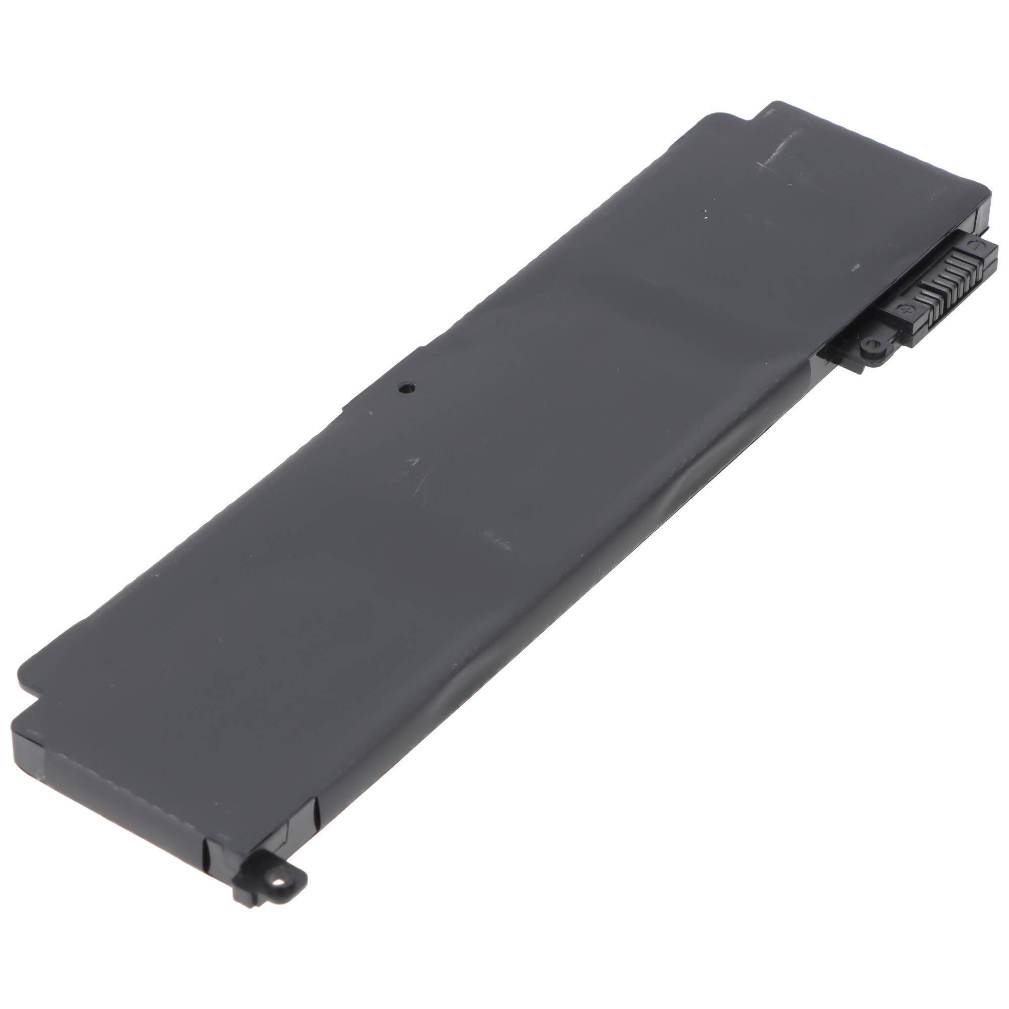 Schwarze rechteckige Laptop-Batterie mit Anschluss und Befestigungslaschen, shown auf weißem Hintergrund.