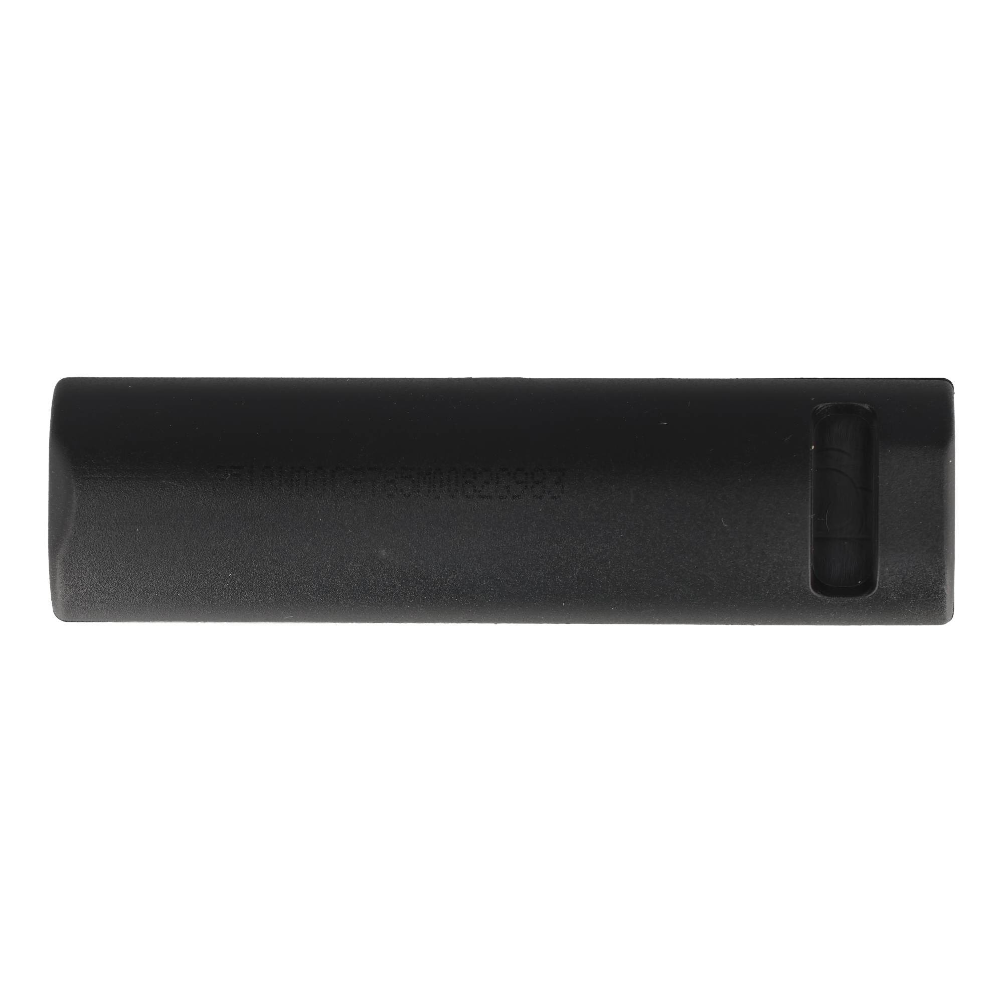 Schwarze zylindrische Batterie mit kleinem Seitenfenster, auf weißem Hintergrund dargestellt.
