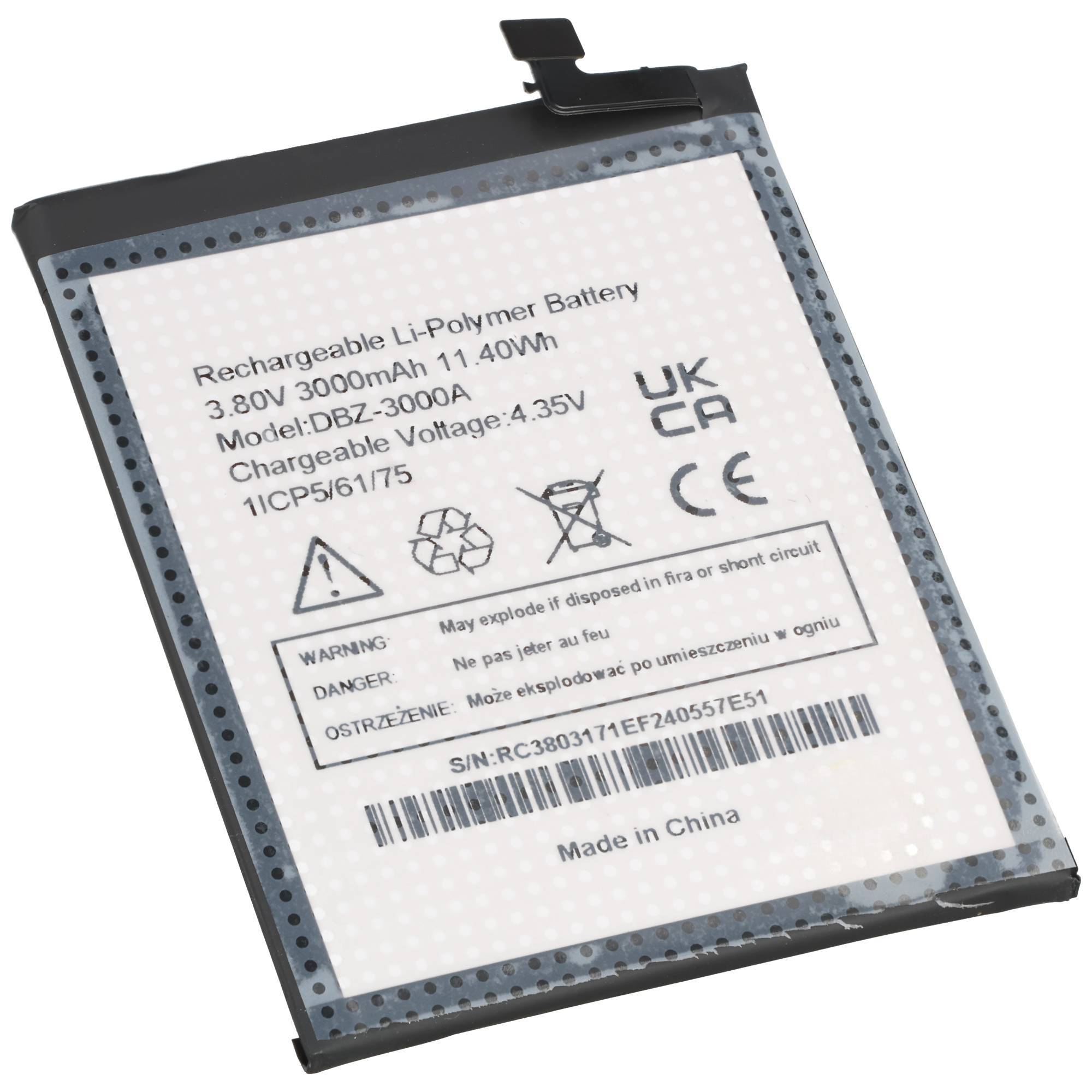 Aufladbare Li-Polymer-Batterie mit Beschriftung 3,80V 3000mAh 11,40Wh, mit Warnsymbolen und Barcode.