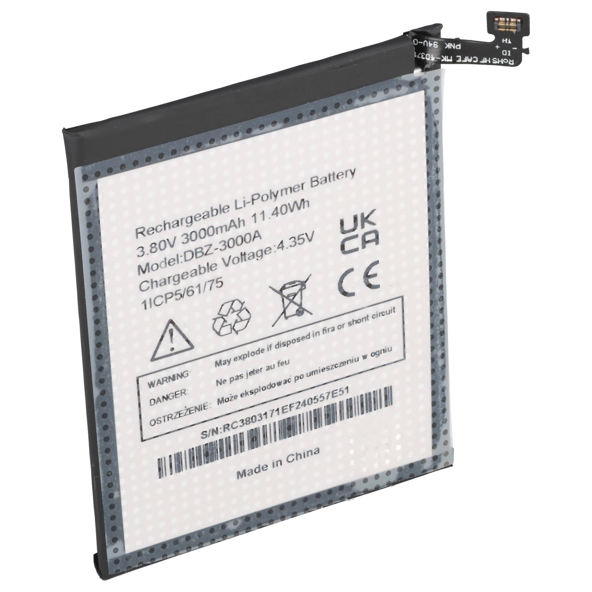 Flache wiederaufladbare Li-Polymer-Batterie mit Kennzeichnung 3,80V 3000mAh 11,40Wh mit Anschlussfahnen, Warnsymbolen und Barcode.