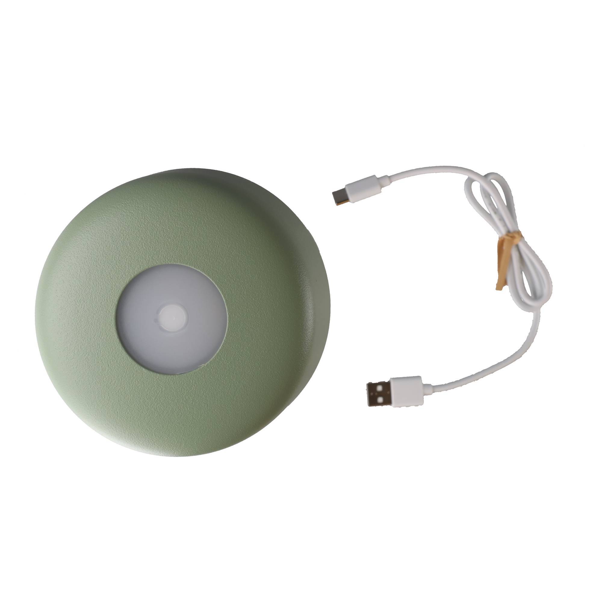 Runde grüne tragbare Leuchte mit einem USB-Ladekabel daneben auf weißem Hintergrund.